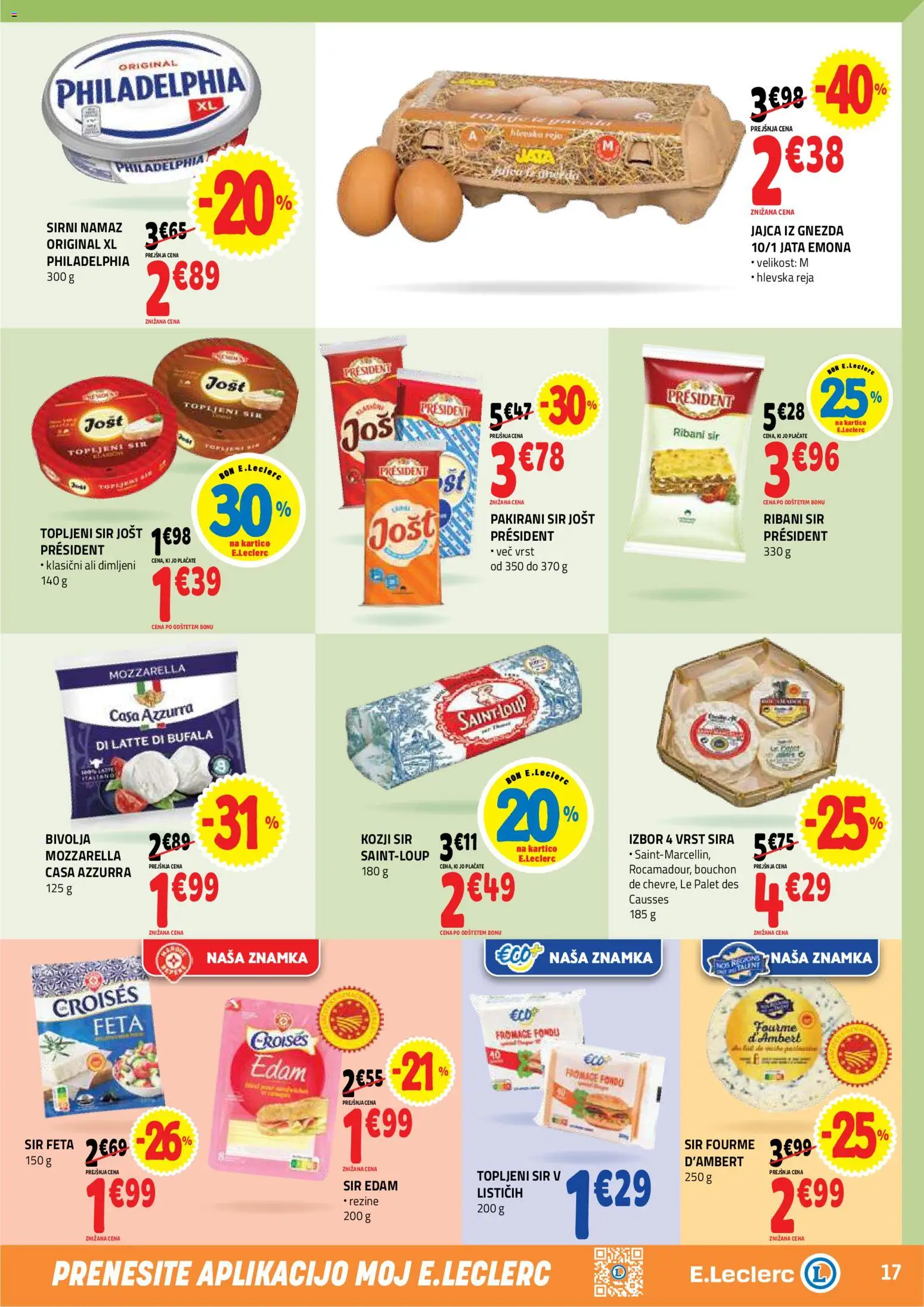 Novi E.leclerc katalog ponudbe – veljaven od 29.04.2026 | Stran: 17 | Izdelki: Sirni namaz, Topljeni sir, Namaz, Jajca