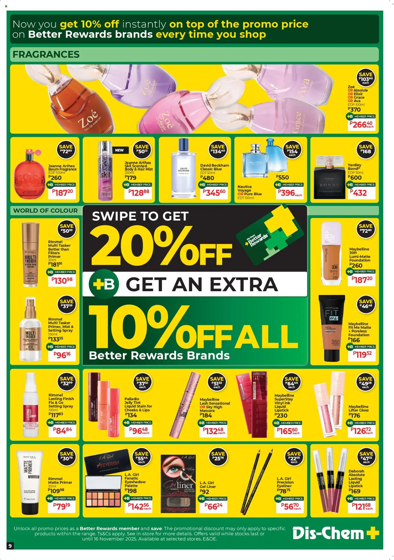 New Dis-Chem catalogue – valid from 21.10.2025 | Page: 9 | Products: Primer, Foundation, Eyeliner, Lipstick