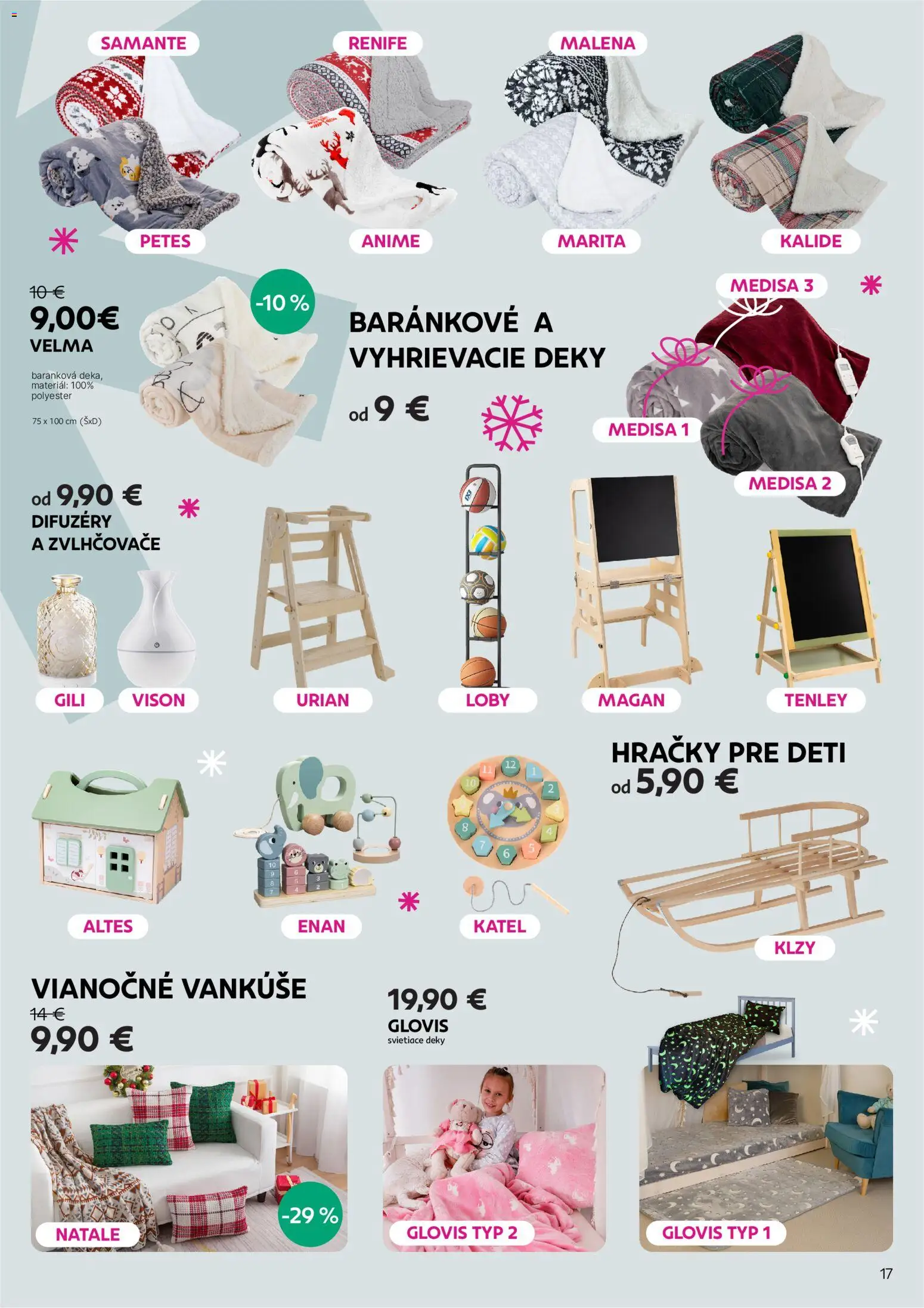 Nové Kondela akcie – leták je platný od 17.11.2025 | Strana: 17 | Produkty: Vankúše, Deky, Hračky