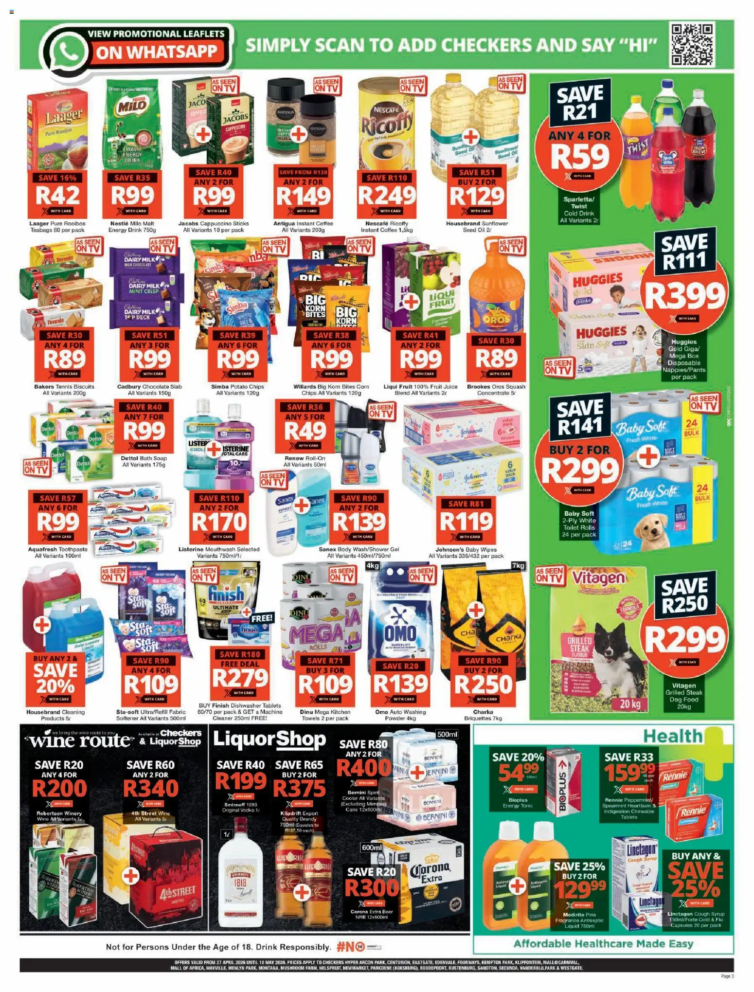 New Checkers catalogue – valid from 27.04.2026 | Page: 3 | Products: Corn, Toilet, Coffee, Juice