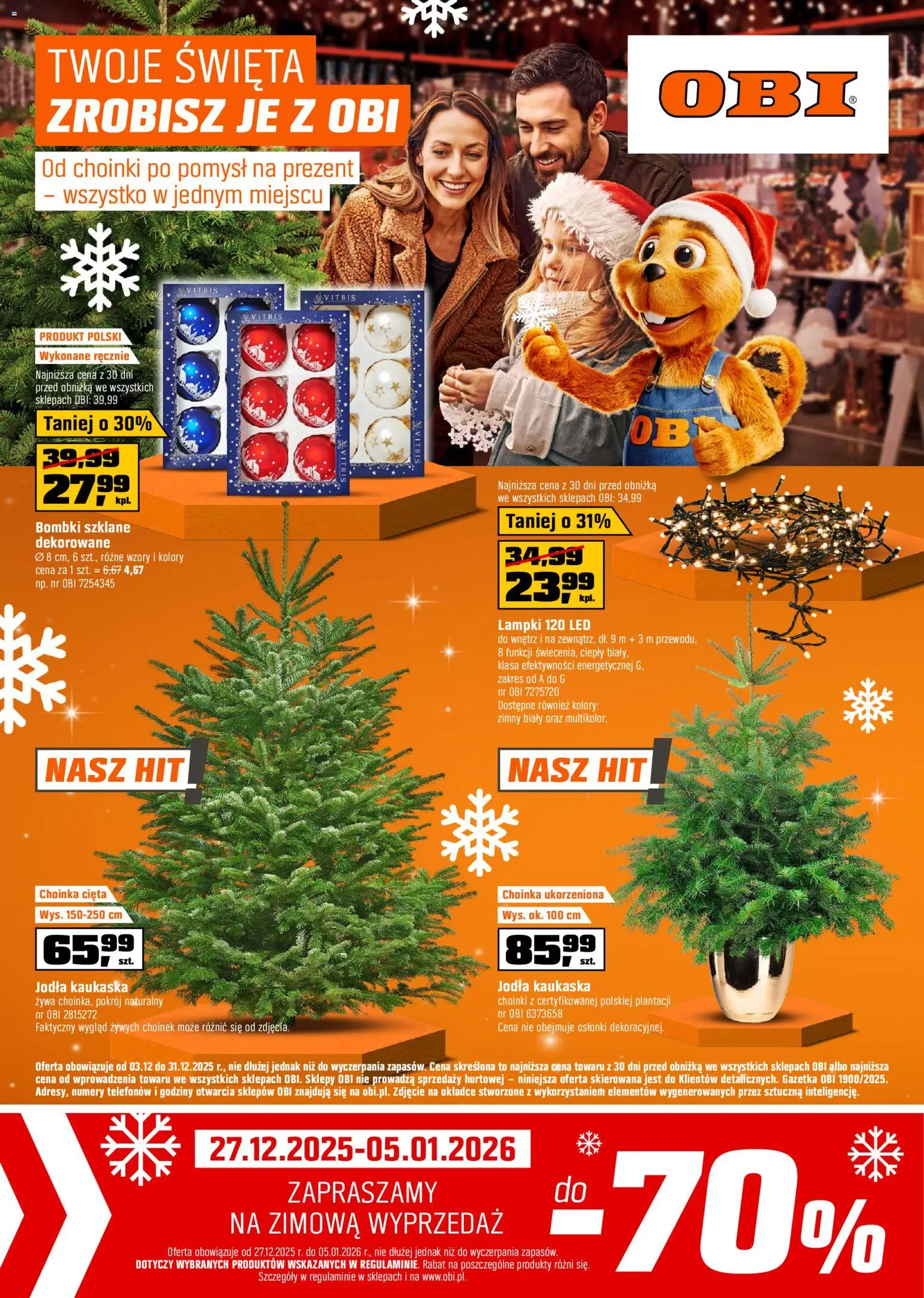 OBI Gazetka od 03.12.2025 | Strona: 1 | Produkty: Choinka, Jodła kaukaska, Lampki