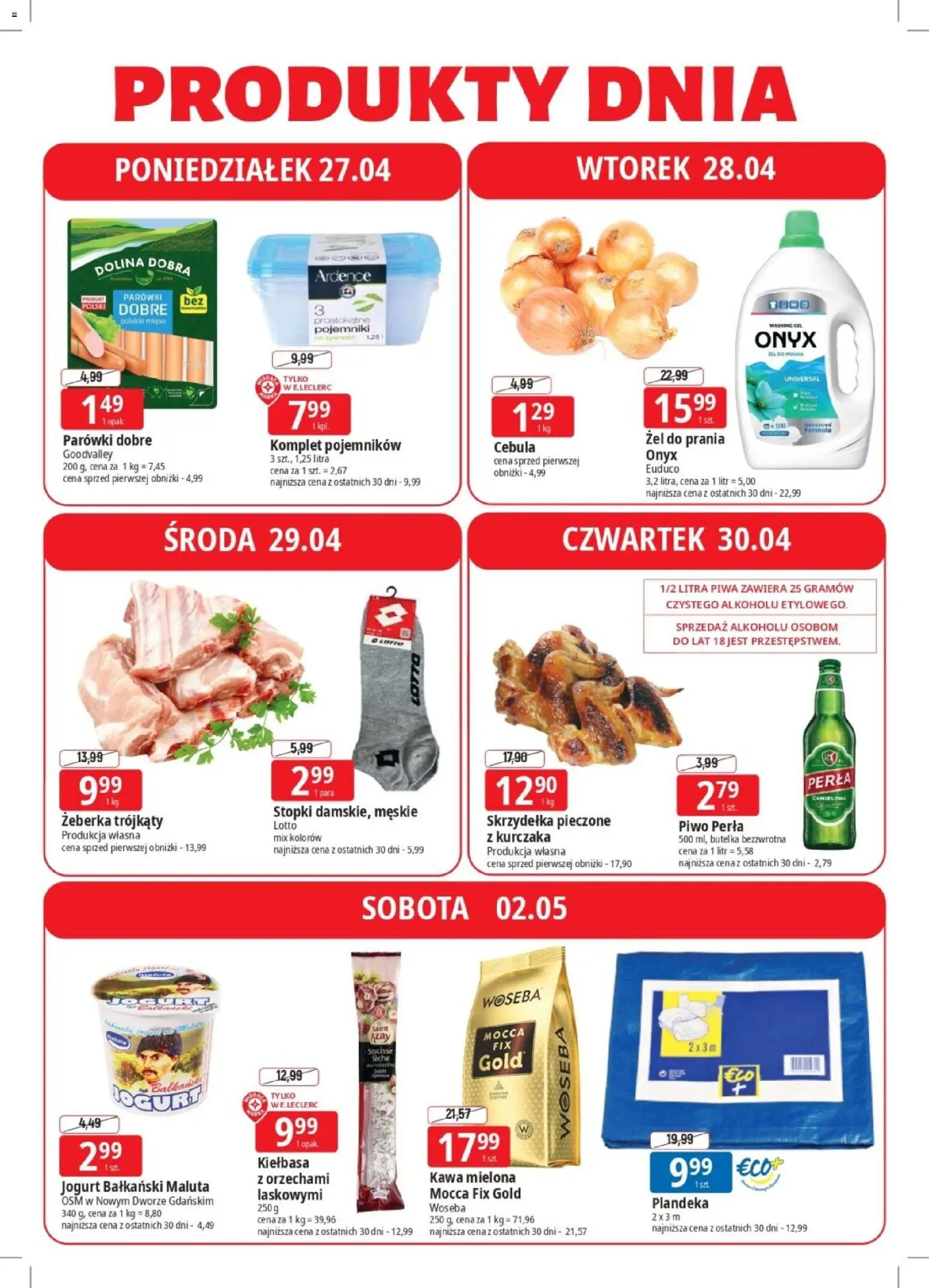 E.Leclerc gazetka - Elbląg od 27.04.2026 | Strona: 4 | Produkty: Kiełbasa, Parówki, Jogurt bałkański, Jogurt