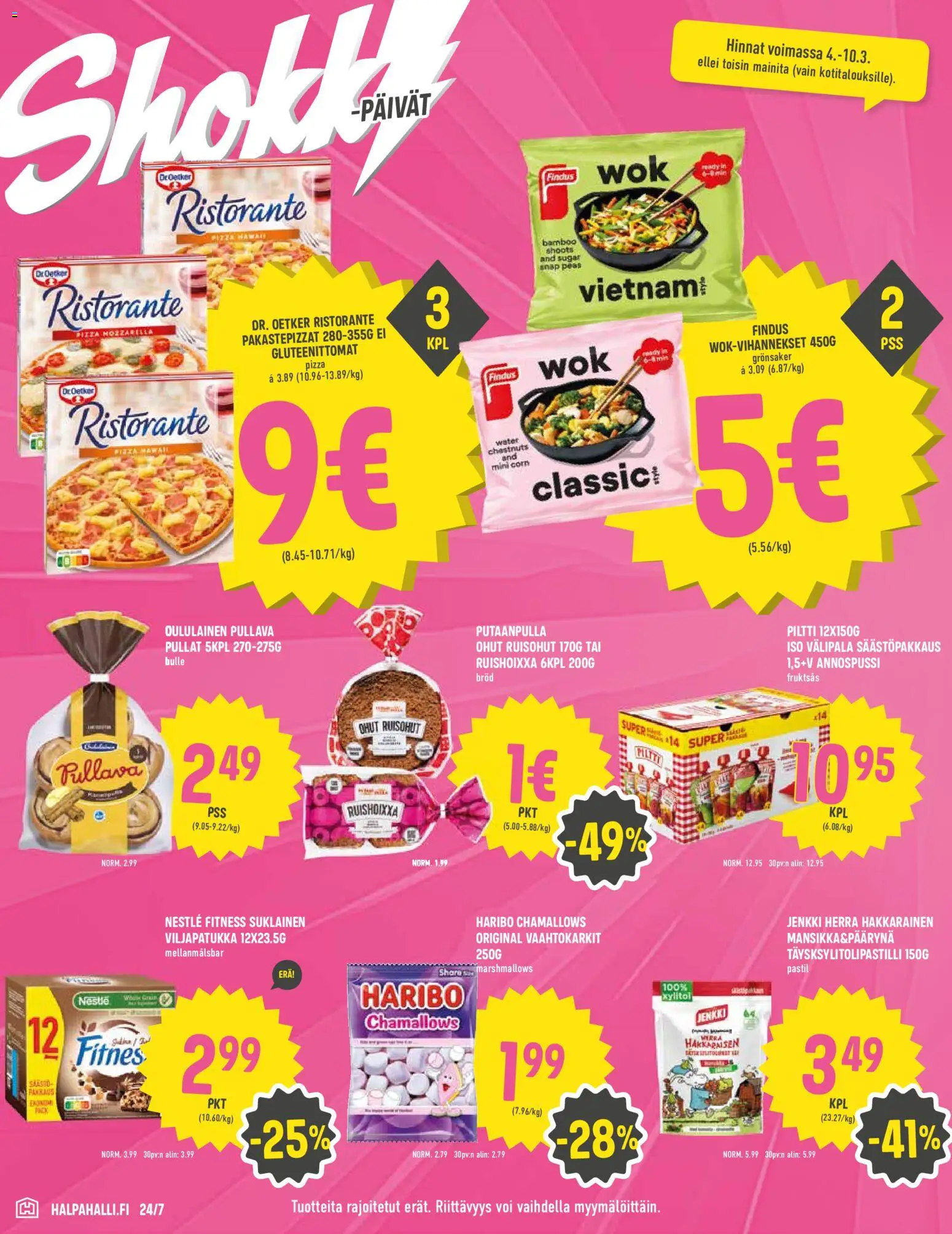 Halpa Halli tarjoukset – voimassa 04.10.2026 alkaen | Sivu: 4 | Tuotteet: Vaahtokarkit, Mozzarella, Voi, Pizza
