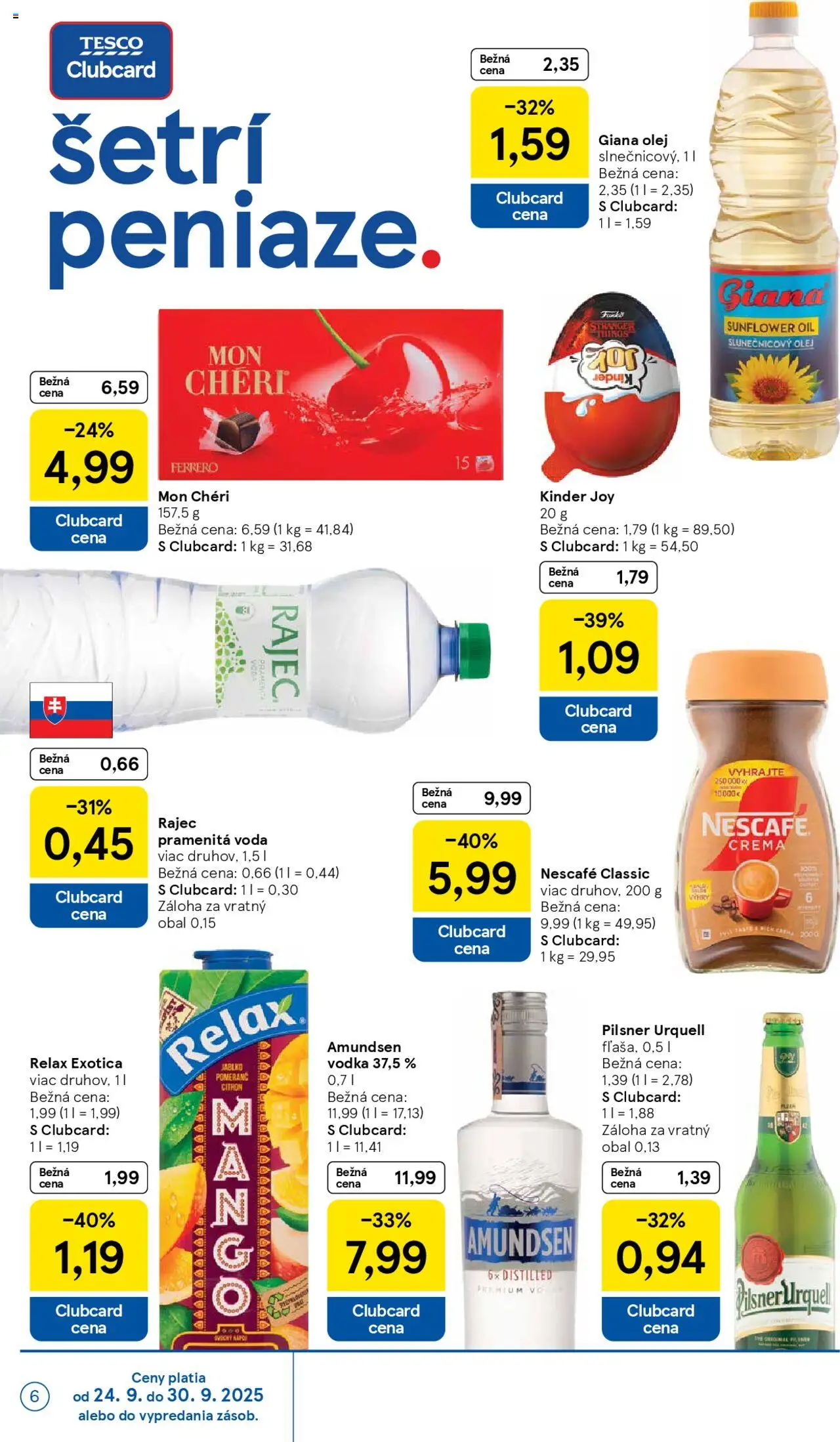Nové Tesco akcie – leták je platný od 24.09.2025 | Strana: 6 | Produkty: Pilsner Urquell, Kinder, Vodka, Amundsen vodka