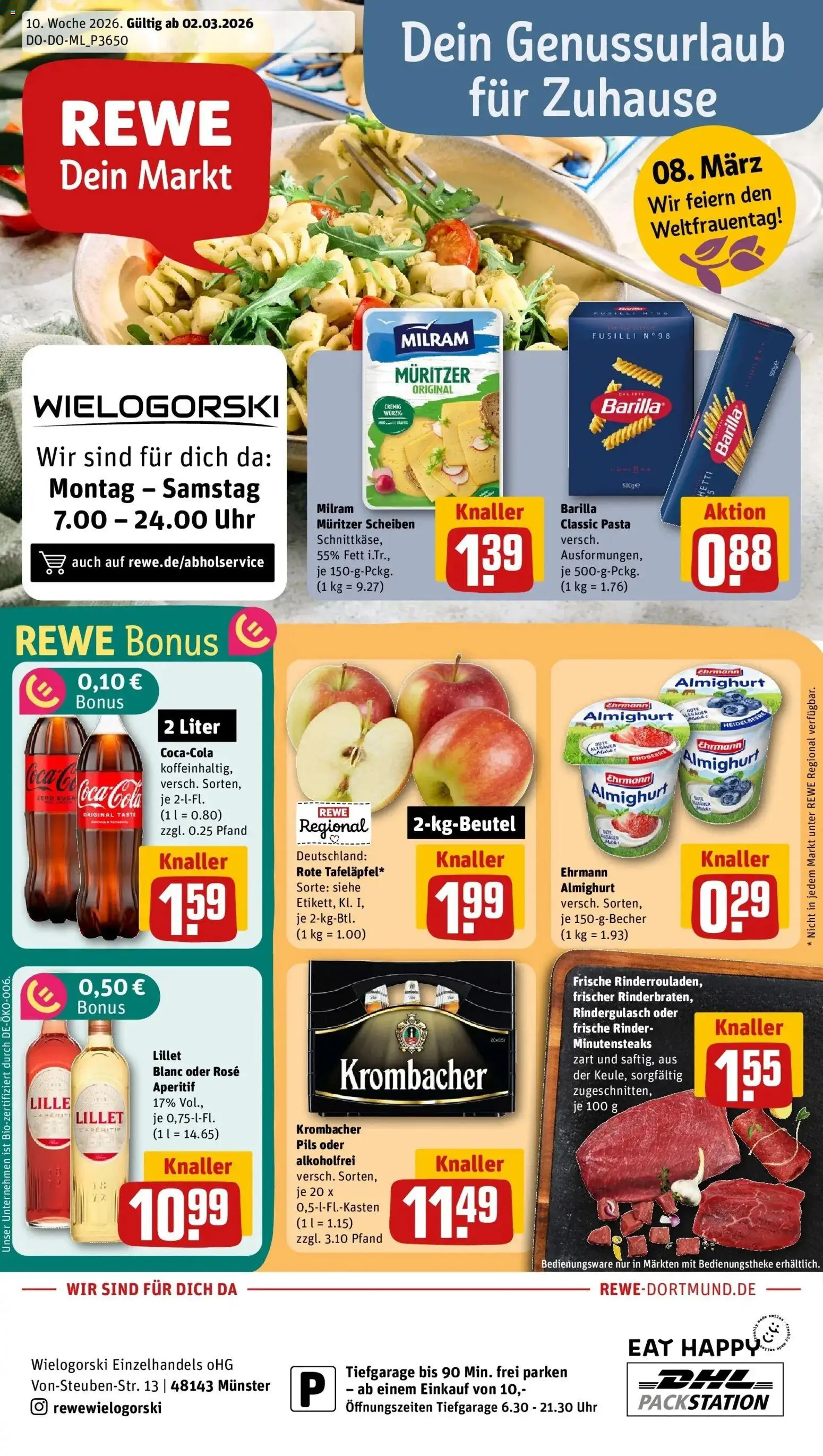 Rewe Prospekt Münster	 – gültig ab 02.03.2026 | Seite: 1 | Produkte: Rindergulasch, Cola, Lillet, Milram