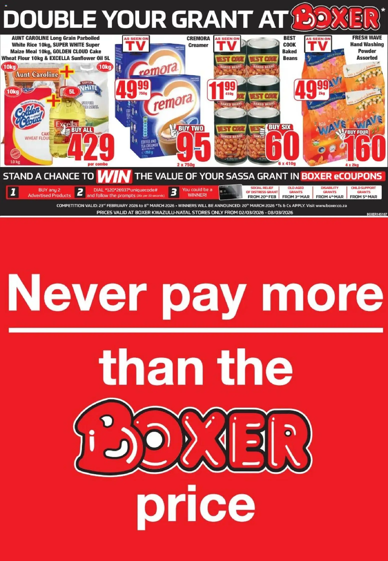 New Boxer catalogue – valid from 02.03.2026 | Page: 1 | Products: Cake, Creamer, Powder, Rice