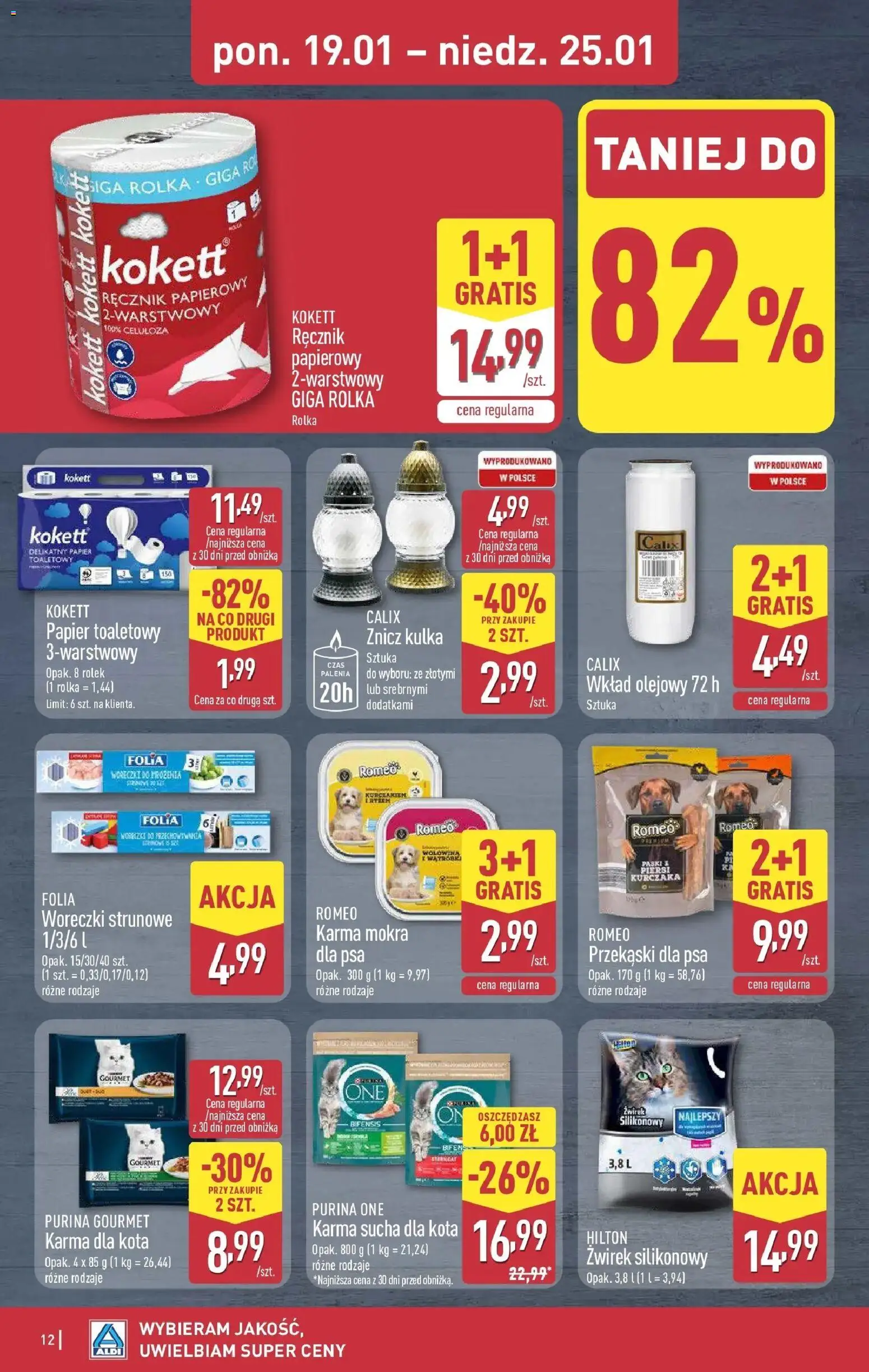 Aldi Gazetka od 19.01.2026 | Strona: 12 | Produkty: Papier toaletowy, Karma dla kota, Woreczki strunowe, Ręcznik papierowy
