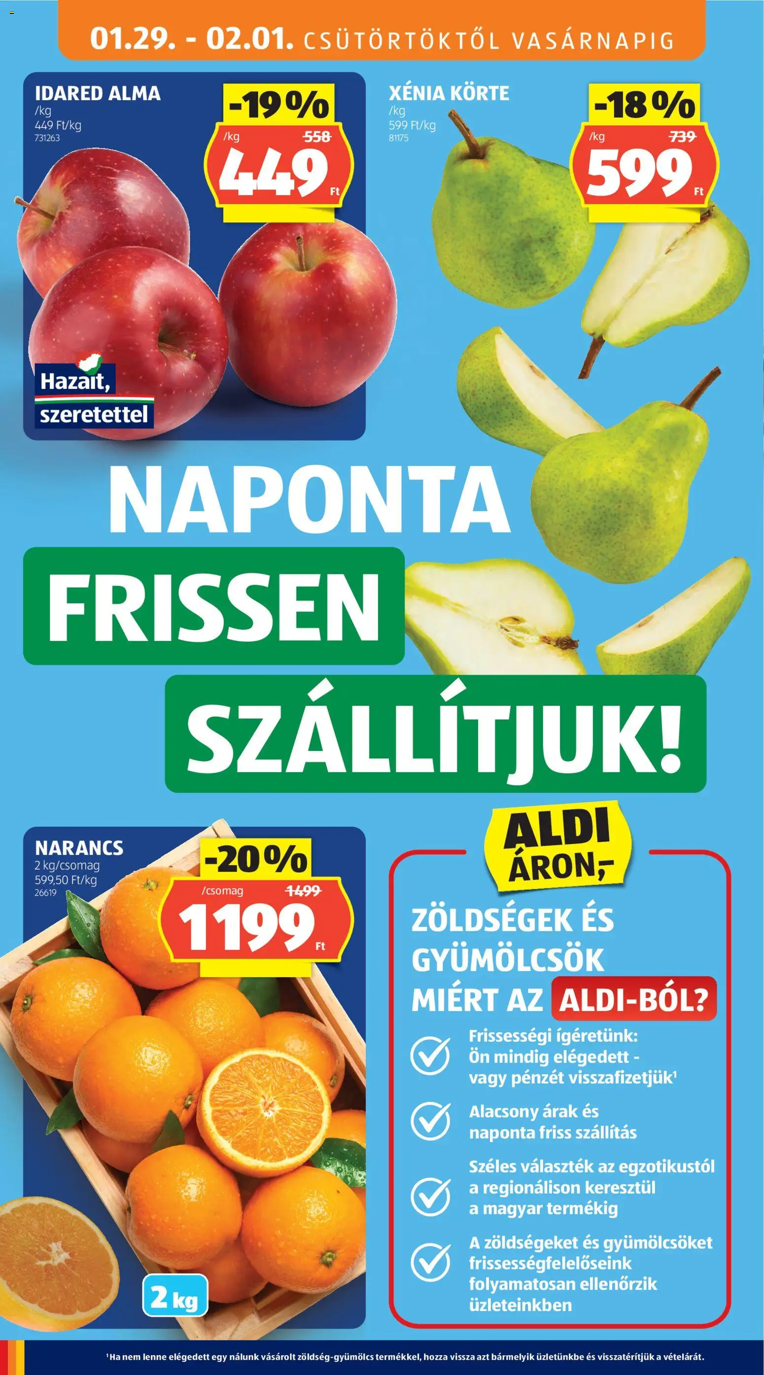 Aldi akciós ujság - amely érvényes a következő dátumtól: 29.01.2026 | Oldal: 4 | Termékek: Körte, Alma, Narancs