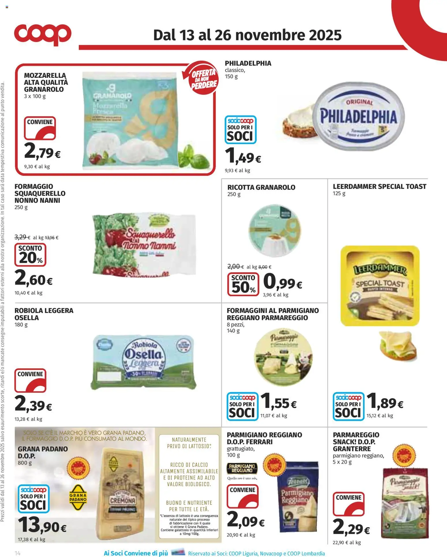 Volantino COOP del 13.11.2025 | Pagina: 14 | Prodotti: Formaggio, Grana Padano, Parmigiano, Robiola