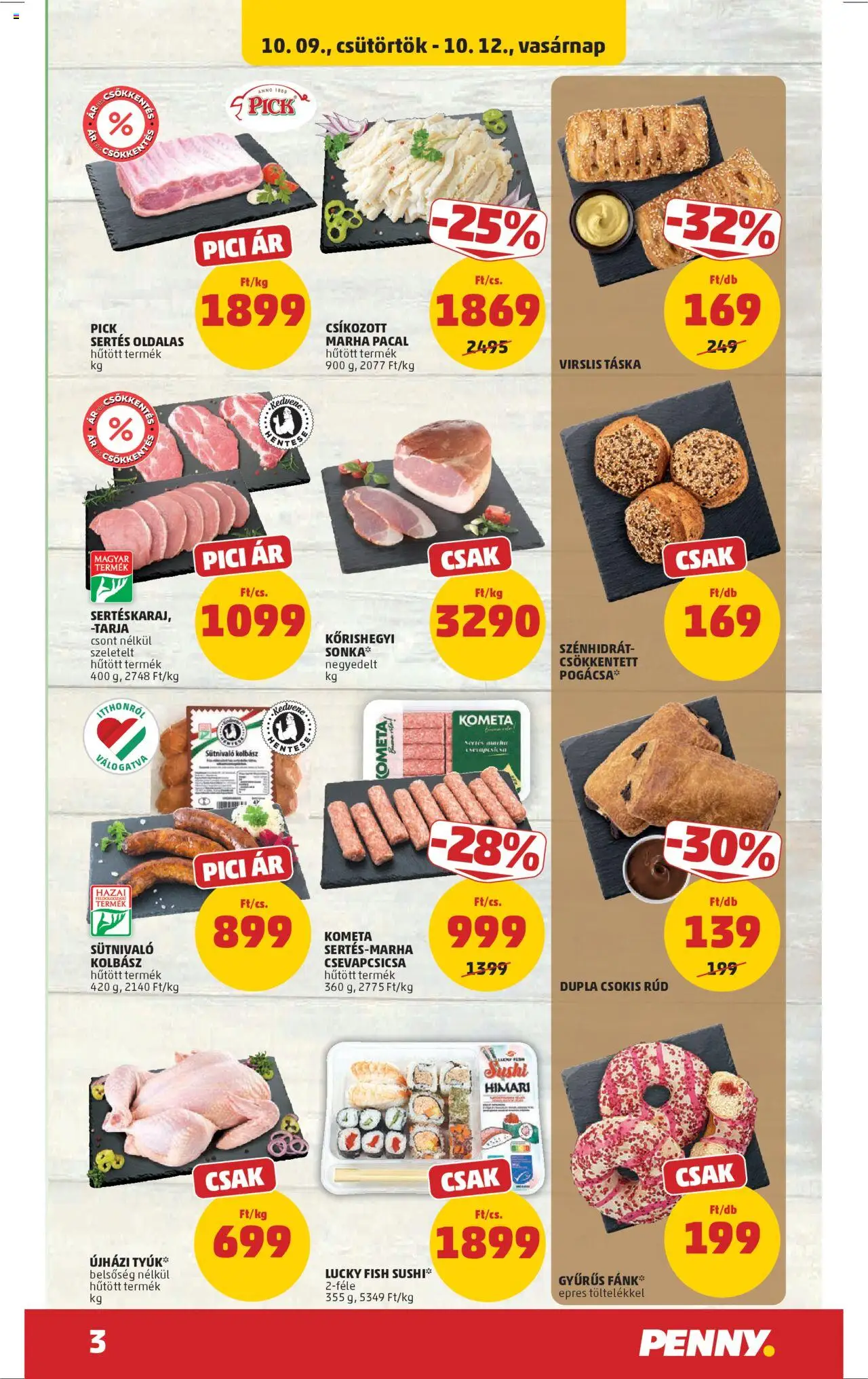 PENNY akciós ujság - amely érvényes a következő dátumtól: 09.10.2025 | Oldal: 3 | Termékek: Táska, Pick, Tarja, Sushi
