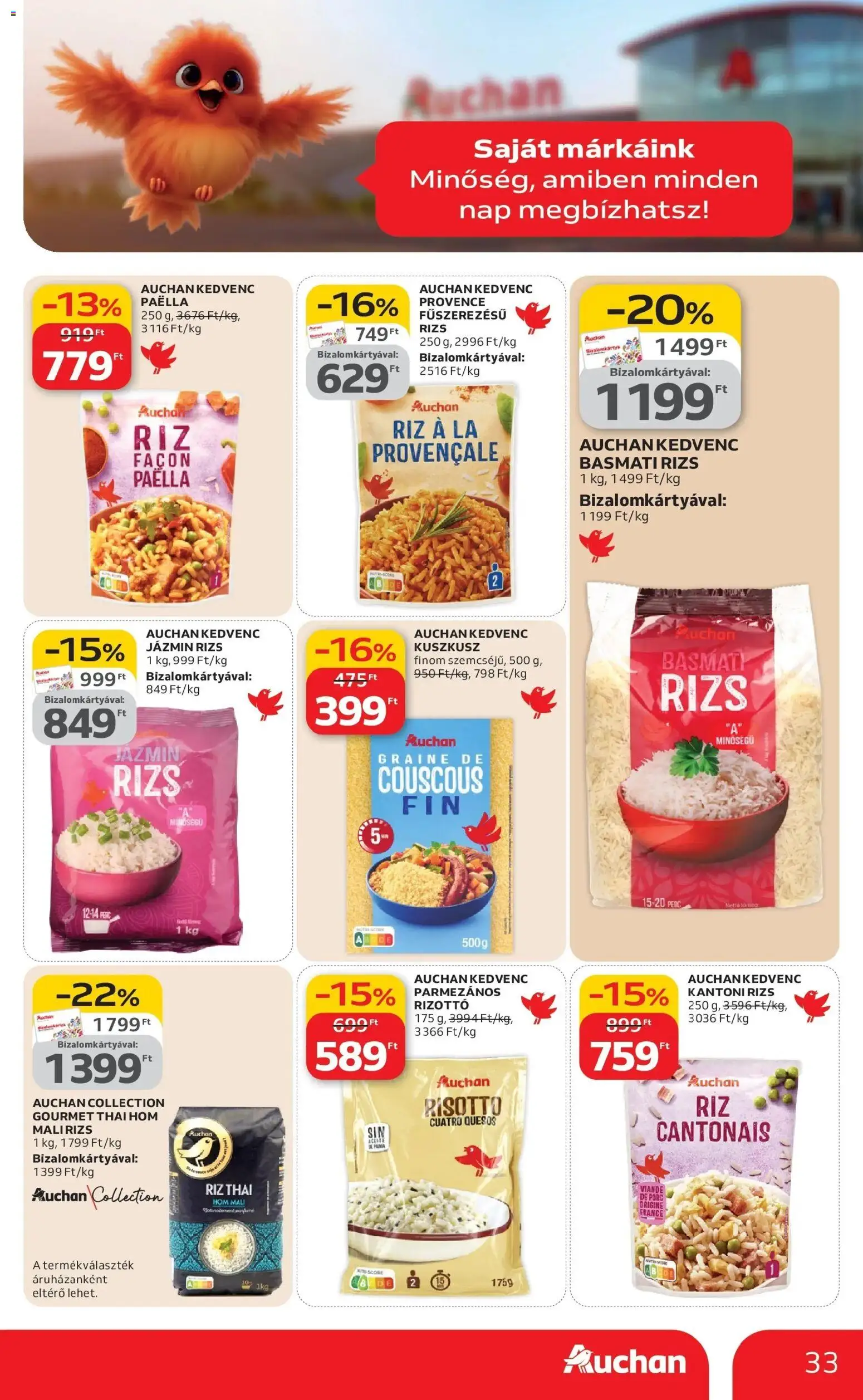 Auchan akciós ujság - amely érvényes a következő dátumtól: 12.03.2026 | Oldal: 33 | Termékek: Jázmin rizs, Basmati rizs, Kuszkusz, Rizs