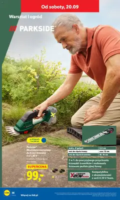 Parkside, Akumulatorowe nożyce, do trawy i krzewów, 2 w 1, 20 V, w zestawie 2 osłony na nóż oraz walizka, maks. Ø gałęzi: 0,8 cm, nóż do cięcia trawy: szer. 12 cm, nóż do cięcia krzewów: dł. 18 cm, 2 w 1: do precyzyjnego przycinania krawędzi trawników i nadawania krzewom perfekcyjnej formy, Kompatybilne z akumulatorami z serii X 20 V Team. od 15.09.2025 | Strona: 48