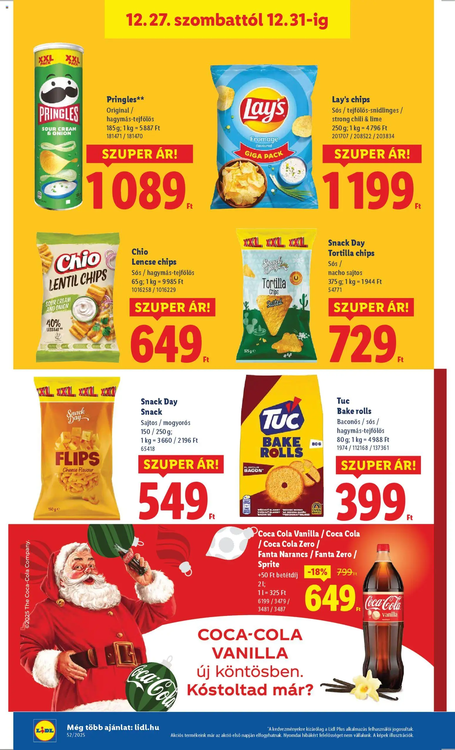Lidl akciós ujság - amely érvényes a következő dátumtól: 27.12.2025 | Oldal: 12 | Termékek: Chips, Bacon, Cola, Narancs