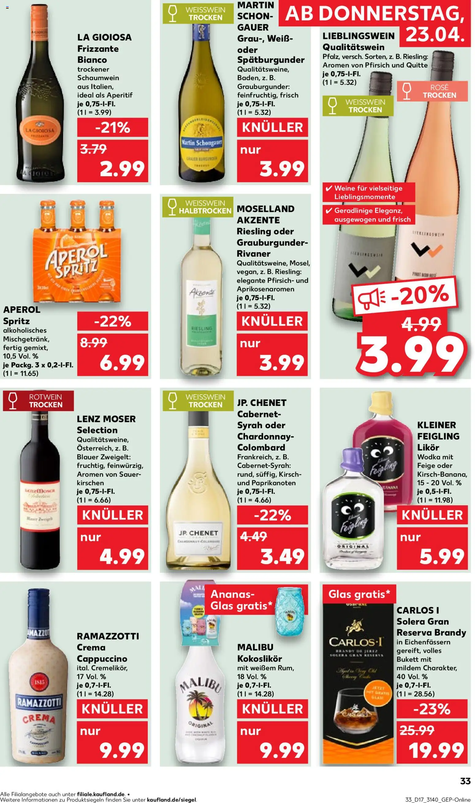 Kaufland Prospekt Leipzig	 – gültig ab 23.04.2026 | Seite: 33 | Produkte: Likör, Weißwein trocken, Ananas, Ramazzotti crema