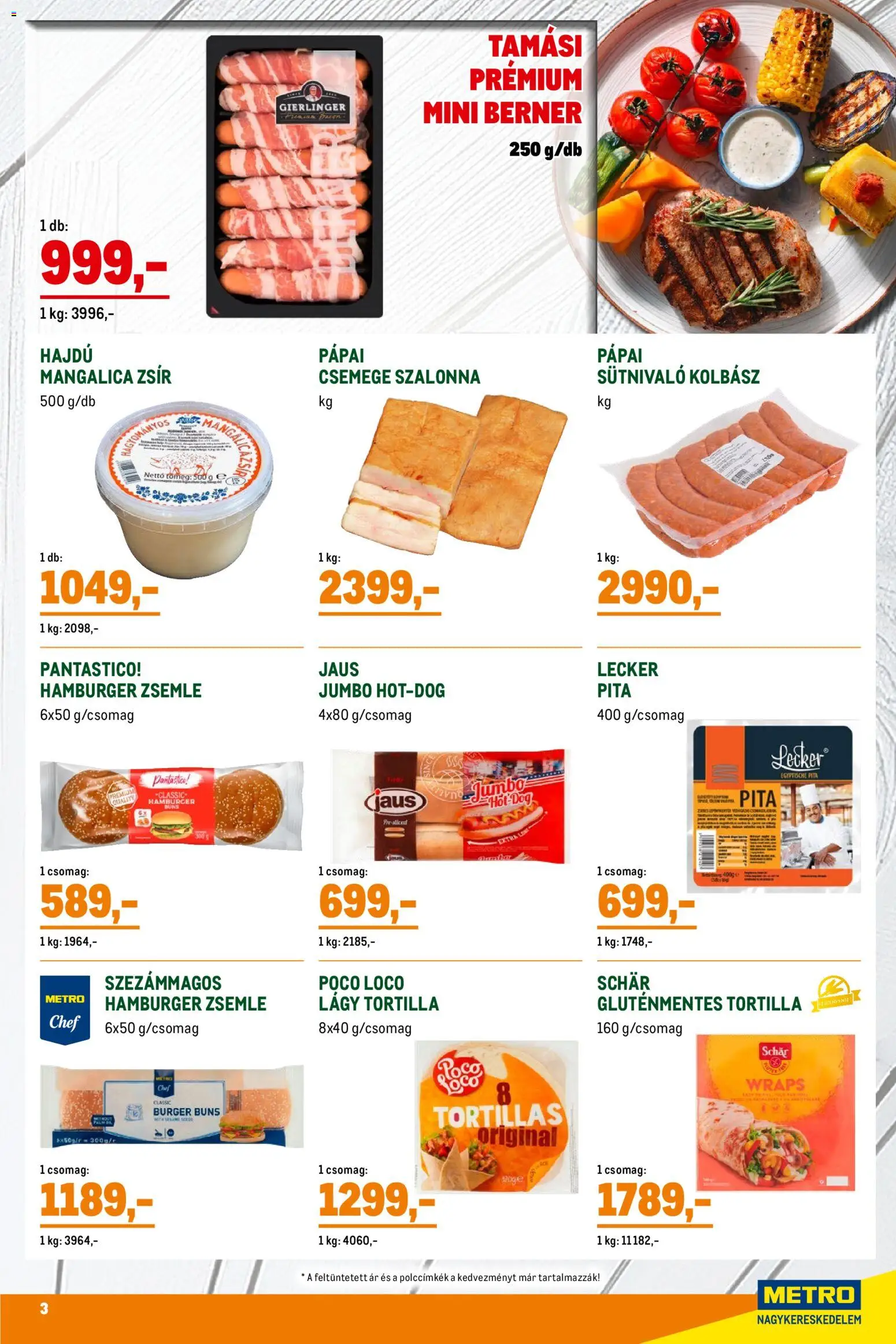 Metro akciós ujság - amely érvényes a következő dátumtól: 07.04.2026 | Oldal: 3 | Termékek: Hamburger, Hamburger zsemle, Mangalica zsír, Szalonna