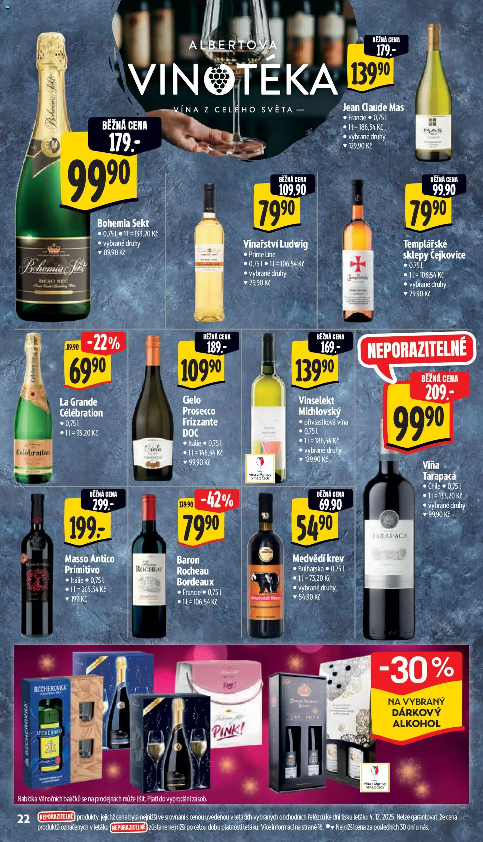 Albert leták - Supermarket od 10.12.2025 | Strana: 30 | Produkty: Tarapaca, Bohemia sekt, Primitivo, Becherovka