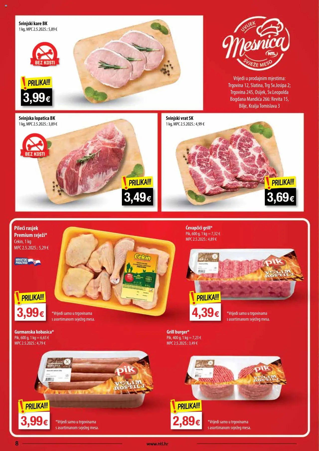 NTL katalog | vrijedi od 08.10.2025 | Stranica: 8 | Proizvodi: Svinjski vrat, Svinjski kare, Ćevapčići, Lopatica