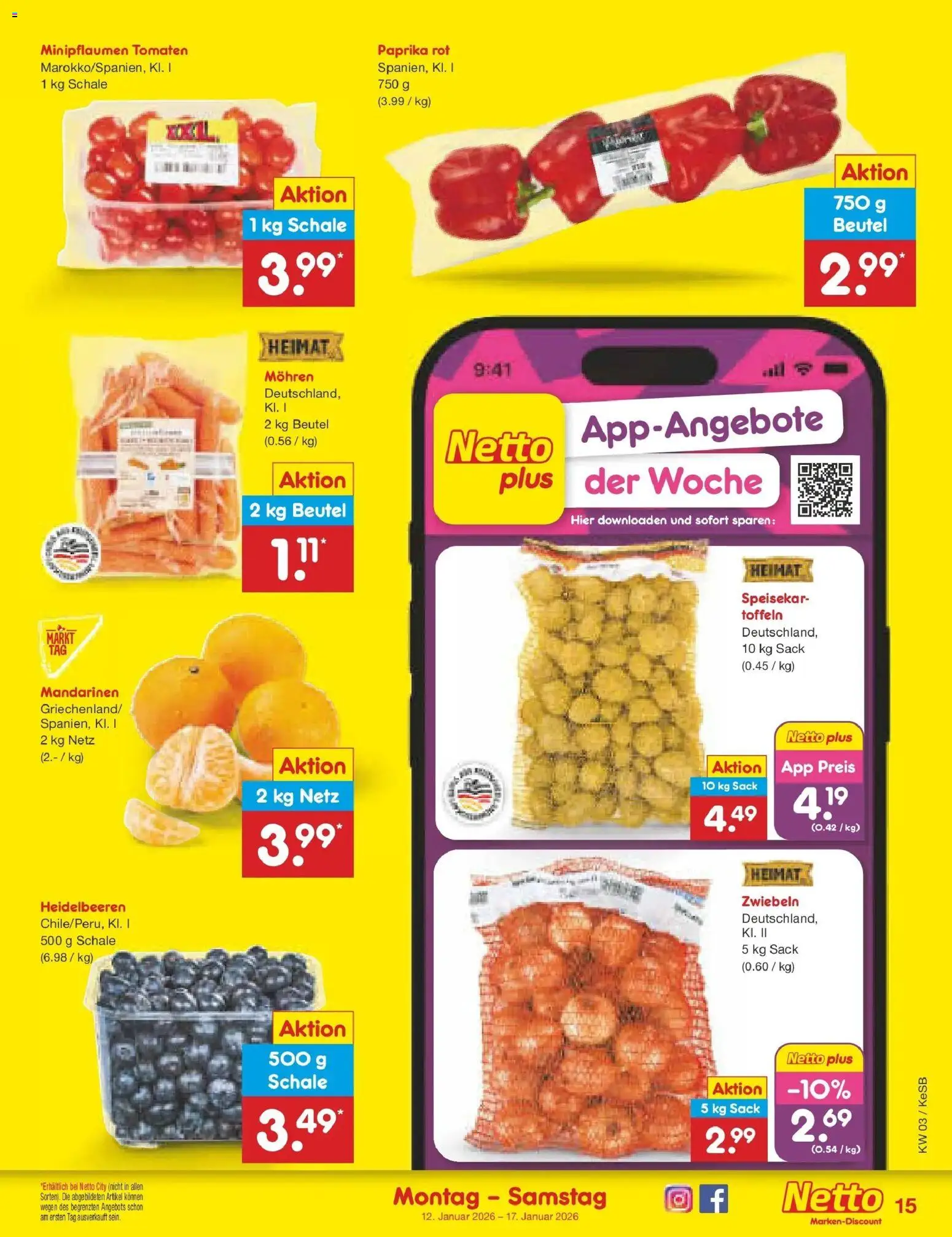 Netto Marken-Discount prospekt Kruft	 – gültig ab 12.01.2026 | Seite: 15 | Produkte: Paprika rot, Mandarinen, Tomaten, Zwiebeln