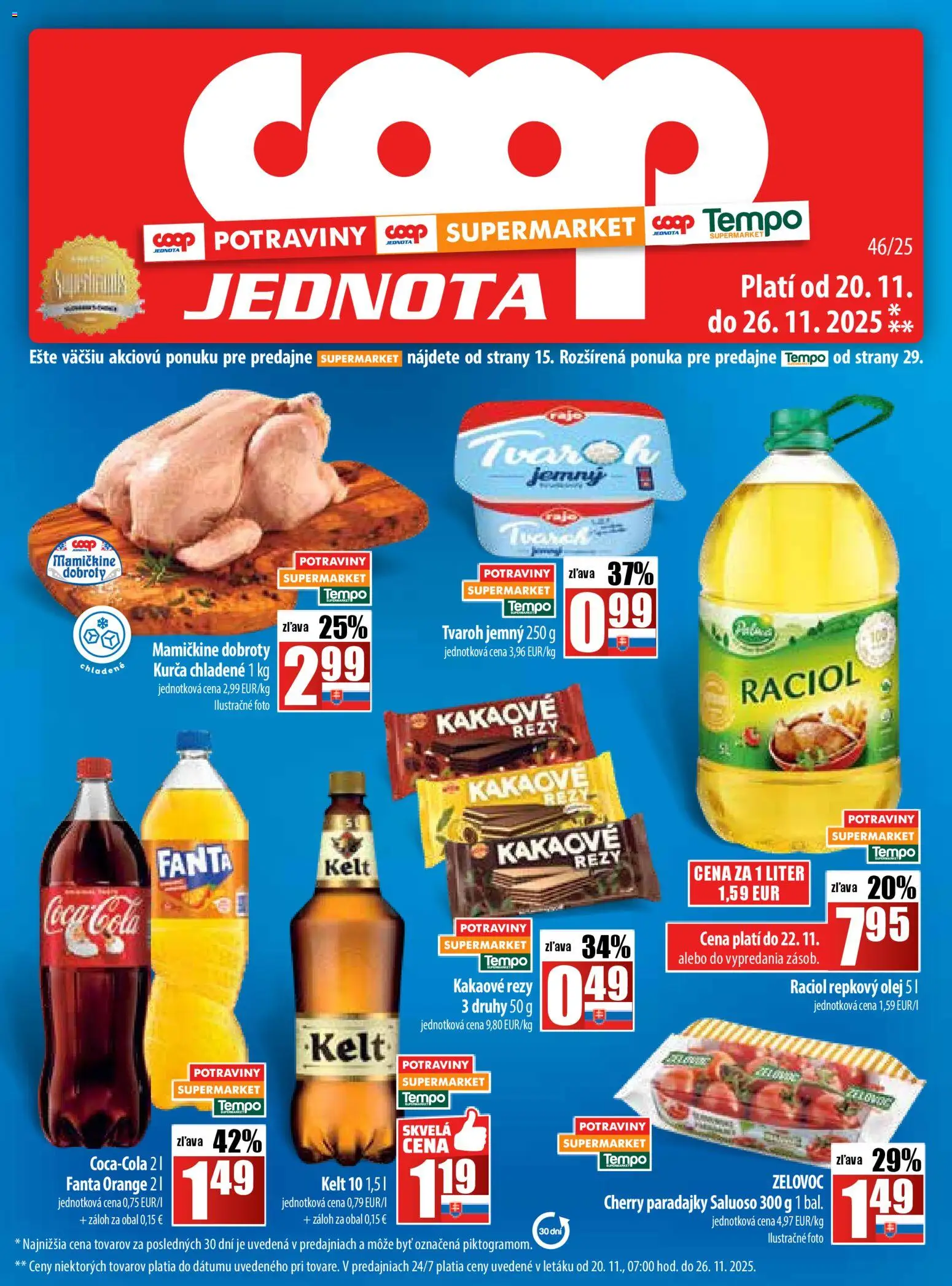 Nové COOP Jednota akcie – leták je platný od 20.11.2025 | Strana: 1 | Produkty: Kelt, Repkový olej, Cherry paradajky, Cola