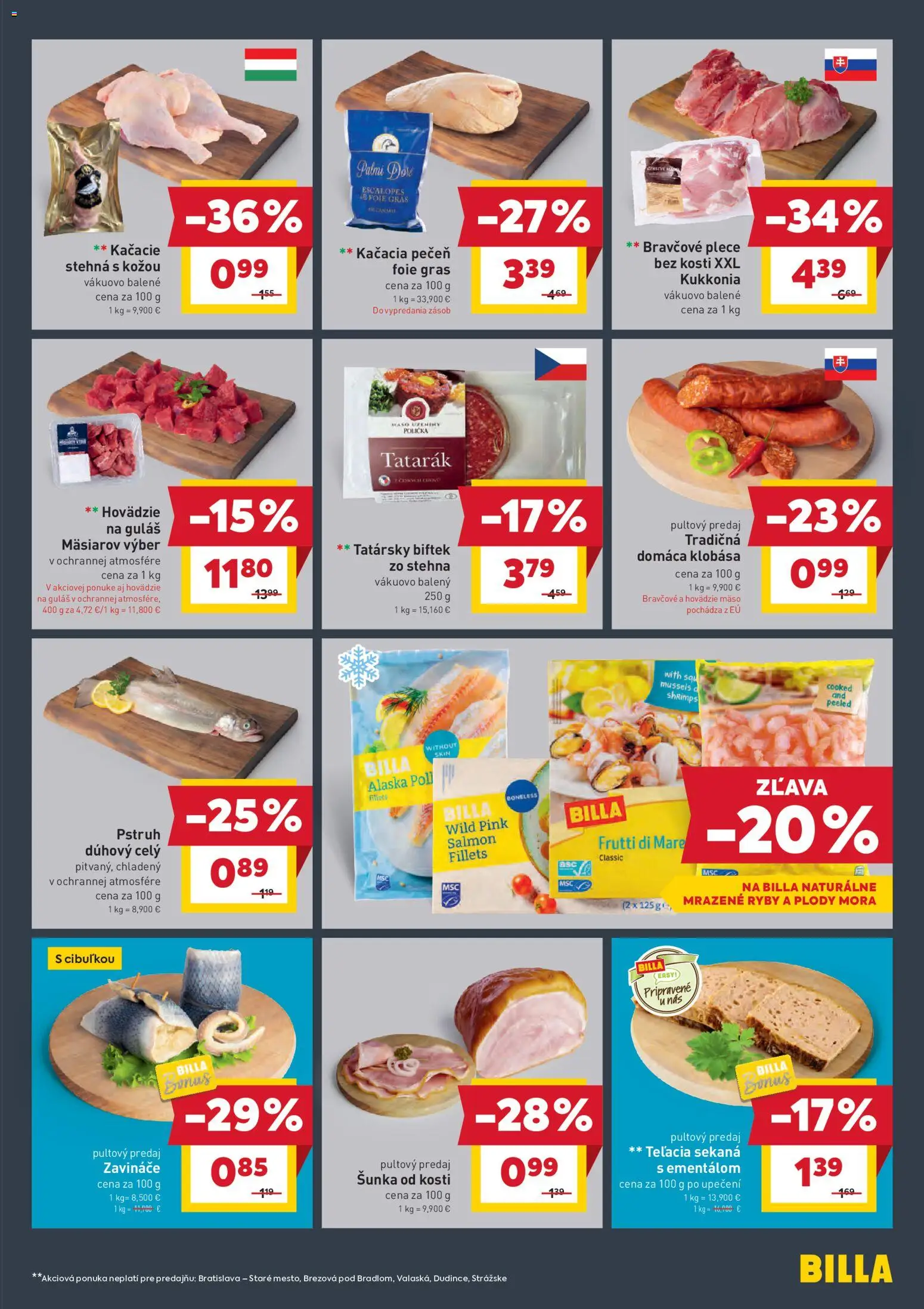 Nové Billa akcie – leták je platný od 14.01.2026 | Strana: 9 | Produkty: Klobása, Kačacie stehná, Bravčové plece, Tatarák