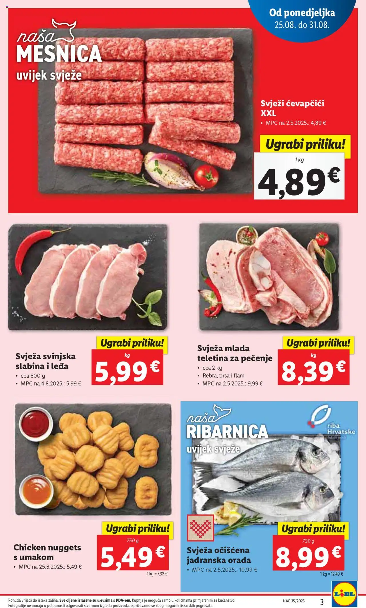 Lidl katalog | vrijedi od 25.08.2025 | Stranica: 3 | Proizvodi: Teletina, Riba, Ćevapčići