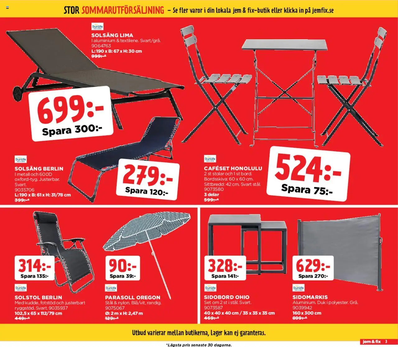 Jem & Fix reklamblad aktuell från 04.08.2025 | Sida: 3 | Produkter: Parasoll, Solsäng, Solstol, Duk