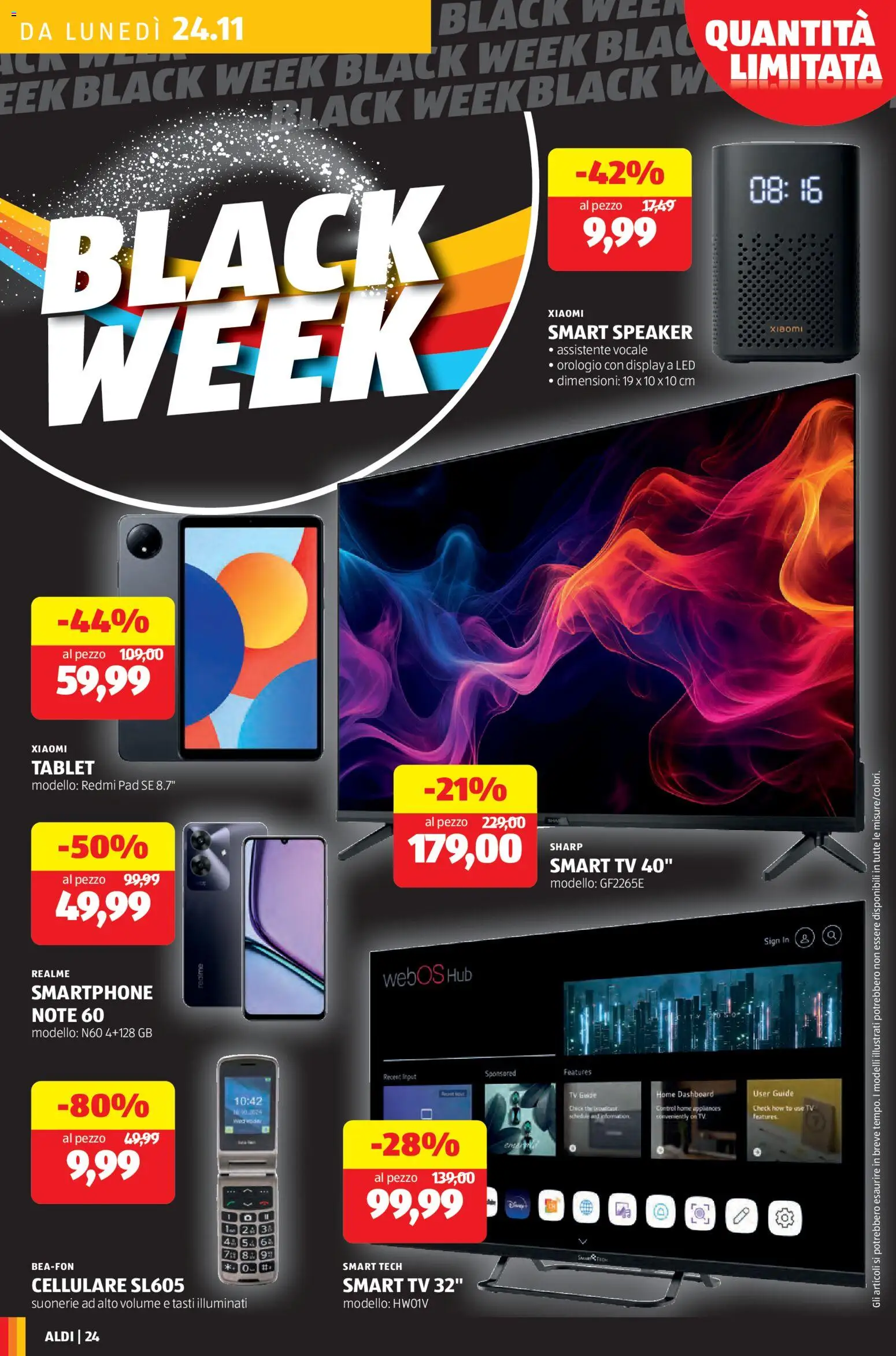 Volantino Aldi del 24.11.2025 | Pagina: 24 | Prodotti: Cellulare, smart TV, The, Tablet