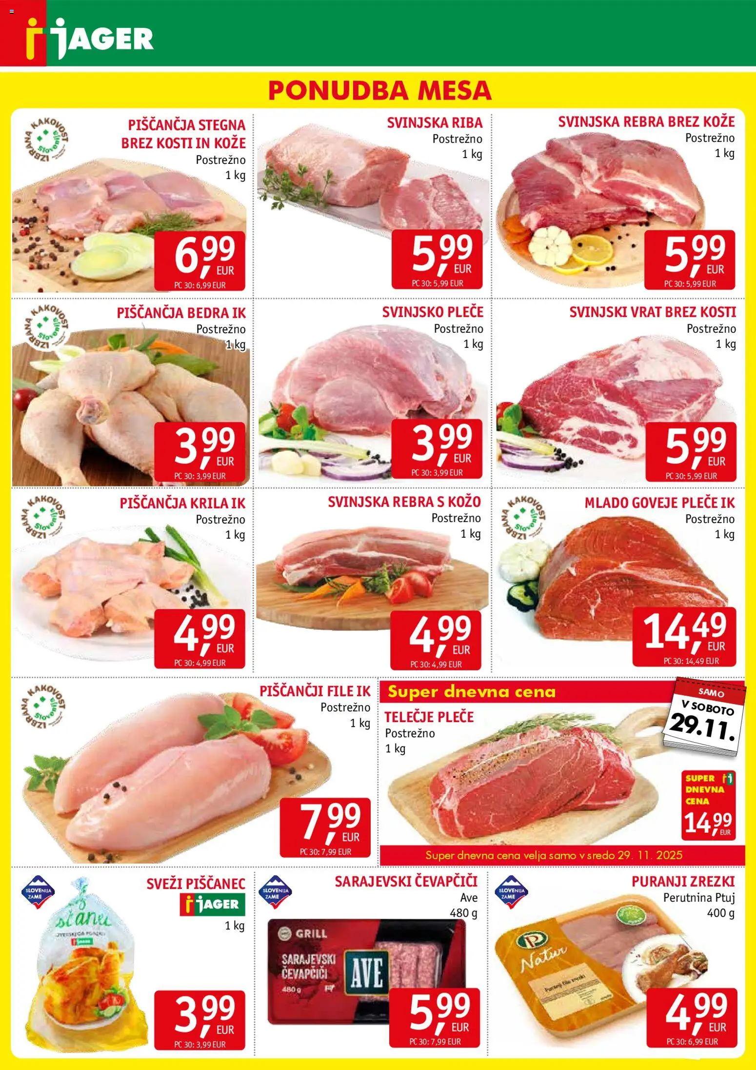 Novi Jager katalog ponudbe – veljaven od 26.11.2025 | Stran: 3 | Izdelki: Čevapčiči, Piščančja bedra, Zrezki, Grill