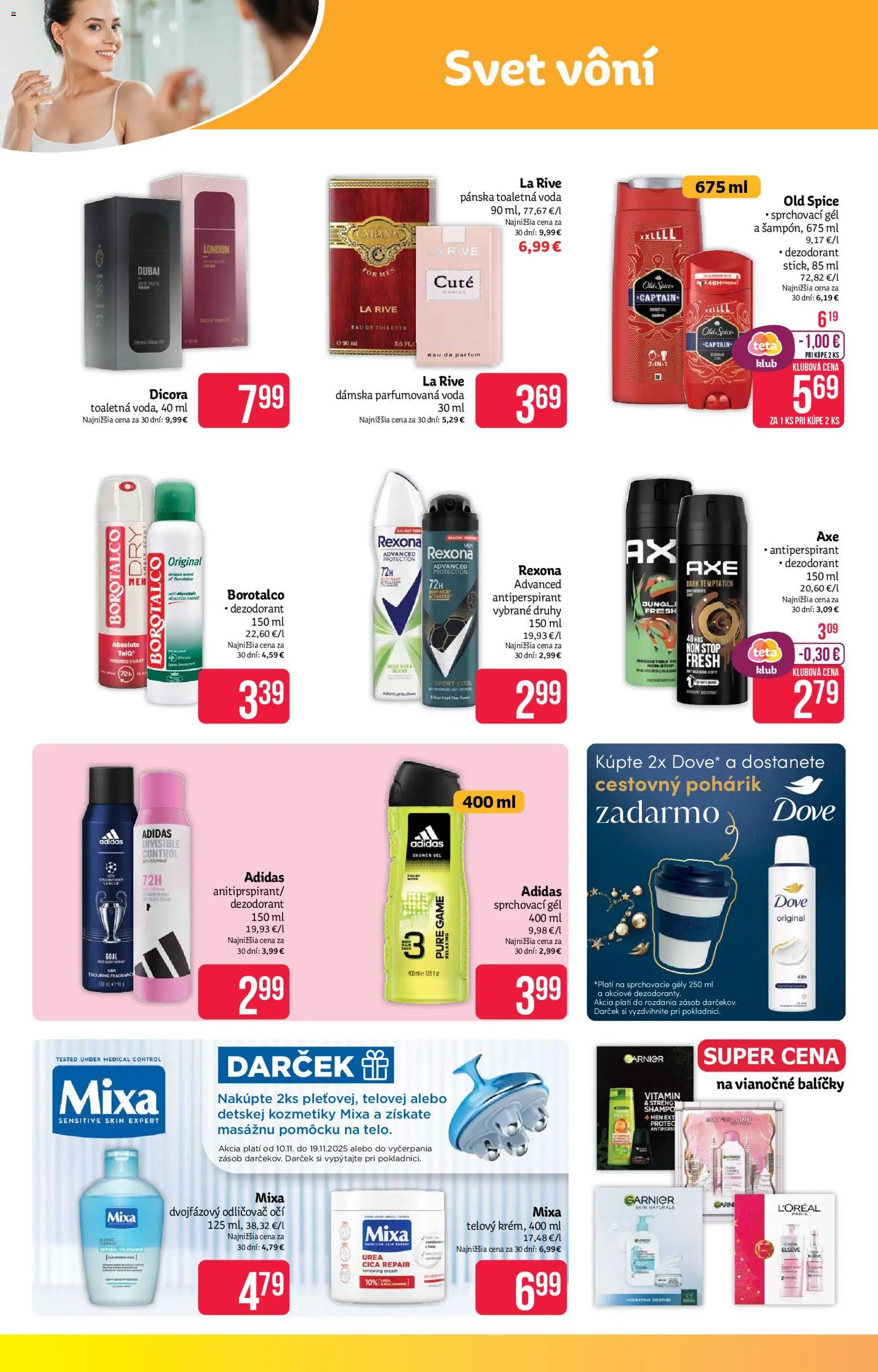Nové Teta drogerie akcie – leták je platný od 10.11.2025 | Strana: 4 | Produkty: Odličovač očí, Dezodorant, Adidas, Voda