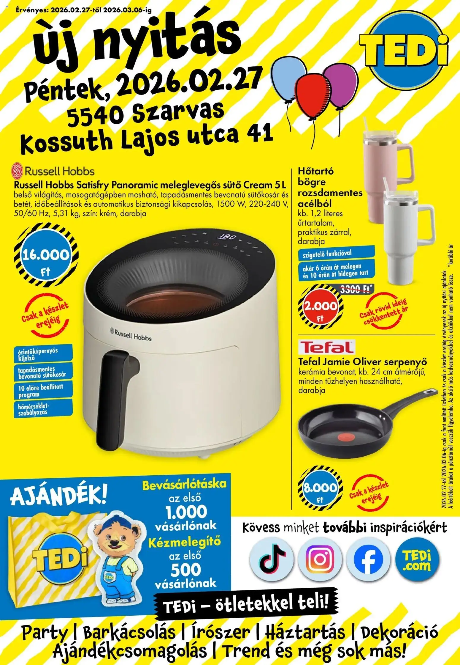 TEDi akciós ujság - amely érvényes a következő dátumtól: 27.02.2026 | Oldal: 1 | Termékek: Sütő, Tefal, Bögre, Serpenyő