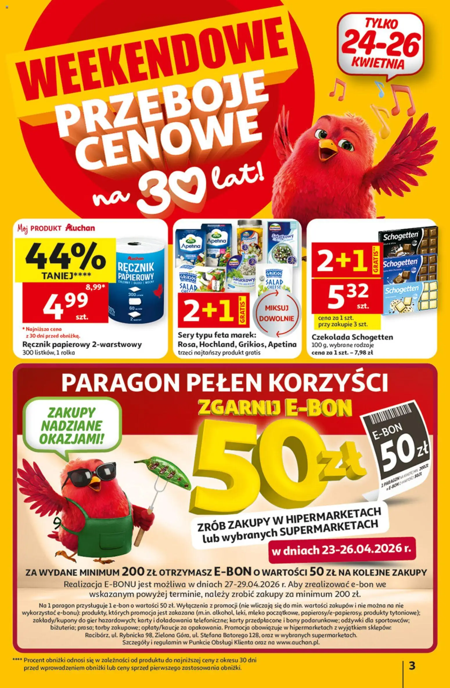 Auchan gazetka - 30 Lat Hipermarket od 23.04.2026 | Strona: 3 | Produkty: Sery, Mleko, Czekolada, Ręcznik papierowy