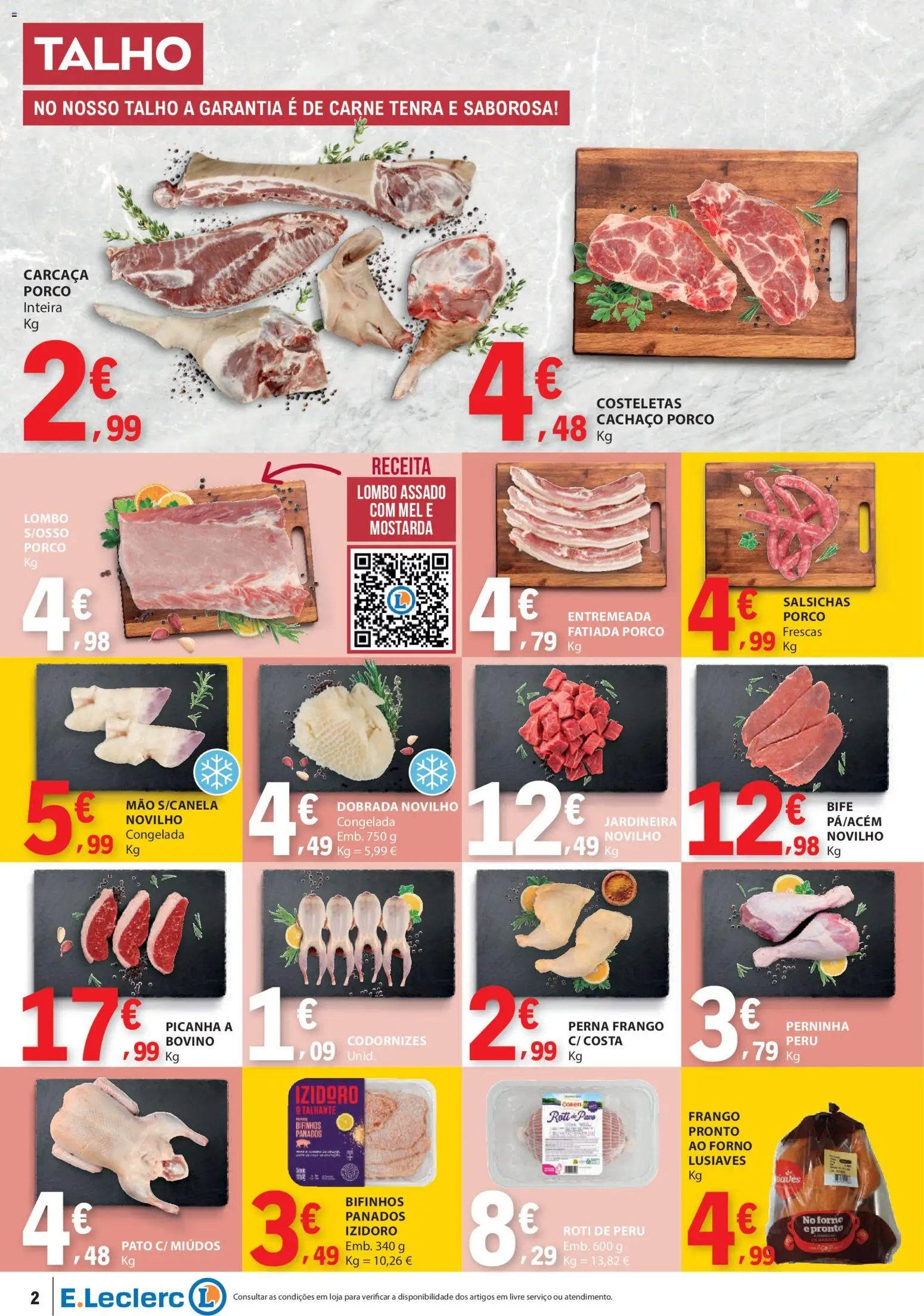 E.Leclerc folheto │ válido de 22.01.2026 | Página: 2 | Produtos: Frango, Peru, Lombo, Mel
