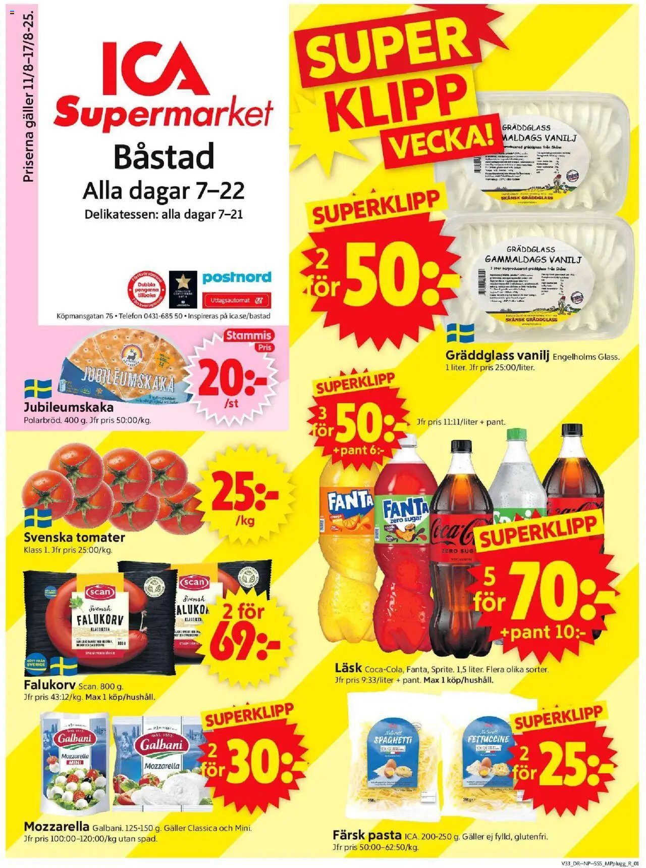 ICA Supermarket reklamblad aktuell från 11.08.2025 | Sida: 1 | Produkter: Galler, Falukorv, Tomater, Telefon