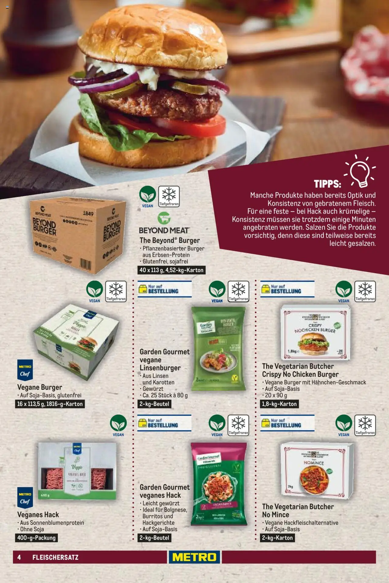 Metro Sortimentskatalog Vegane & Vegetarische Alternativen – gültig ab 22.08.2024 | Seite: 4 | Produkte: Burger