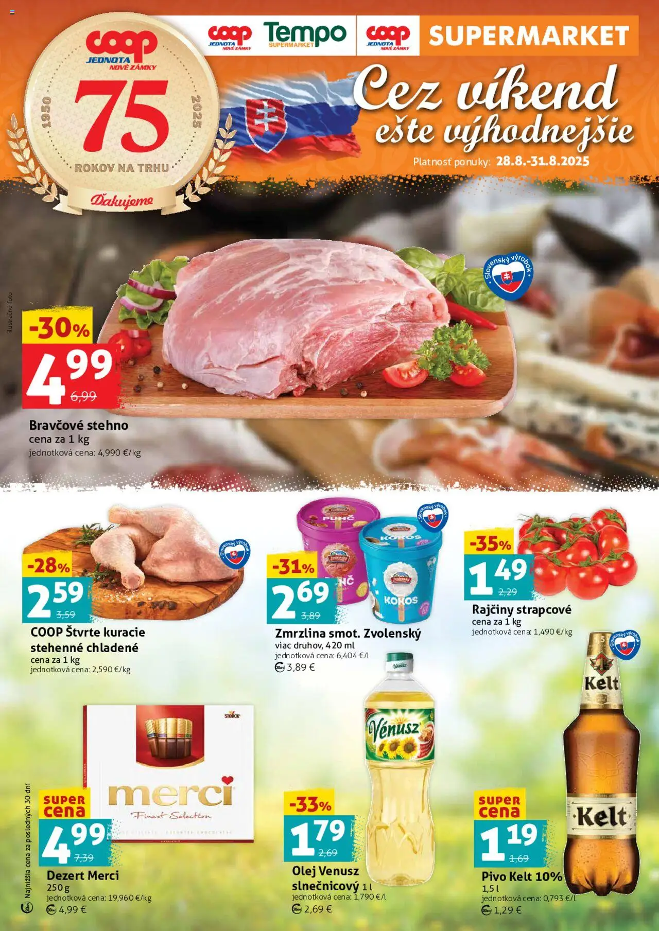 COOP Jednota víkendová ponuka │ platný od 28.08.2025 | Strana: 1 | Produkty: Pivo, Olej, Bravčové stehno, Zmrzlina
