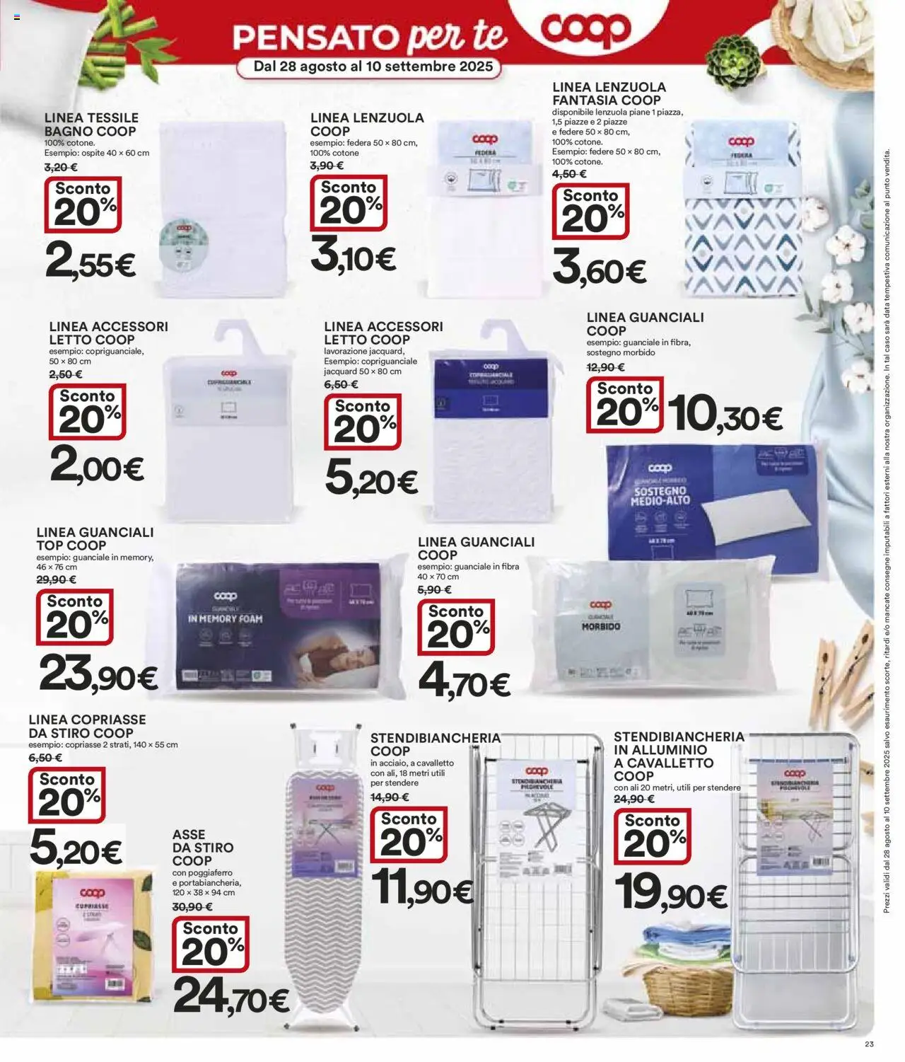 Volantino Ipercoop del 28.08.2025 | Pagina: 23 | Prodotti: Stendibiancheria, Federa, Lenzuola, Guanciale