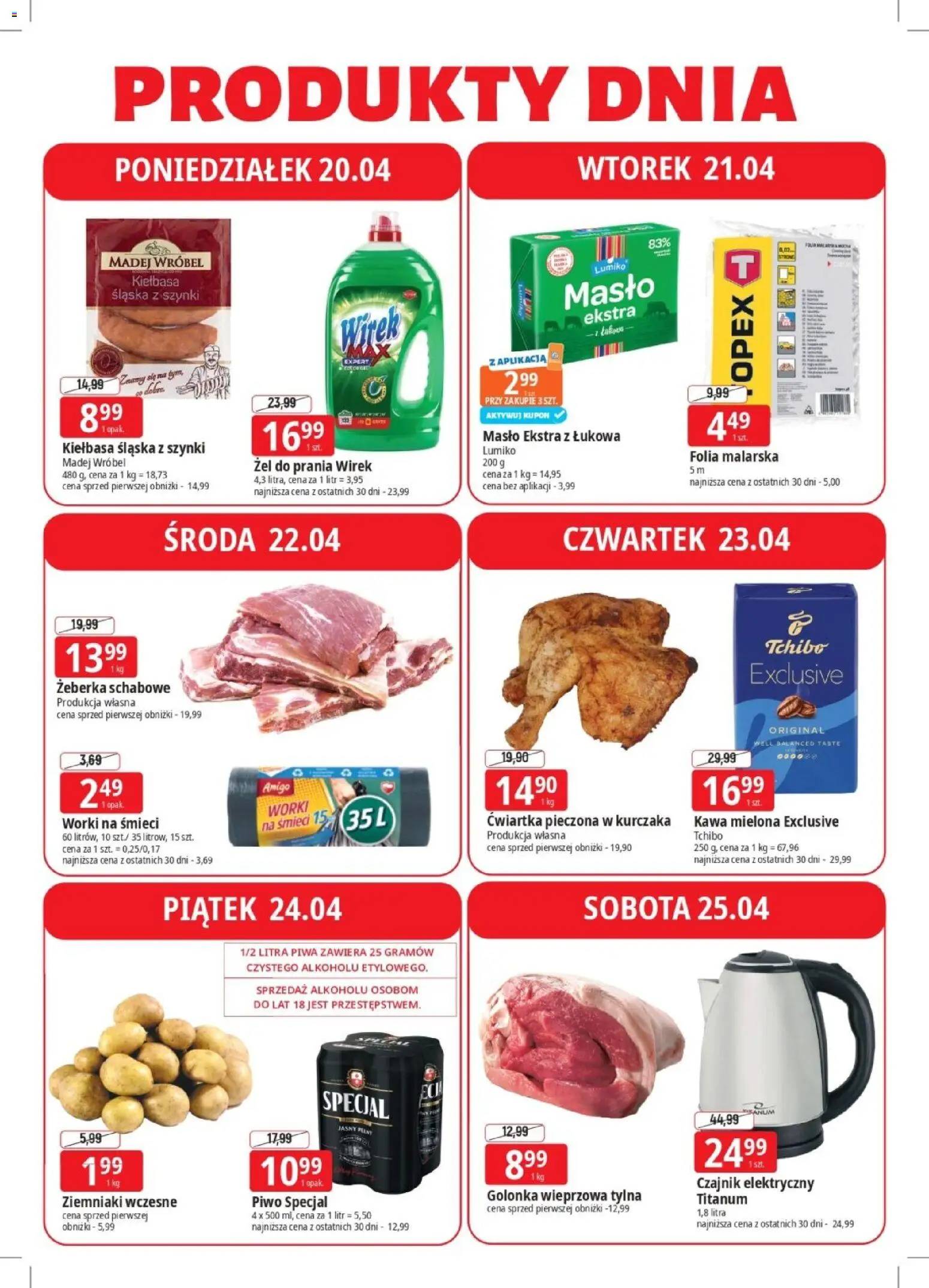 E.Leclerc gazetka - Elbląg od 20.04.2026 | Strona: 4 | Produkty: Kiełbasa, Golonka wieprzowa, Tchibo, Masło