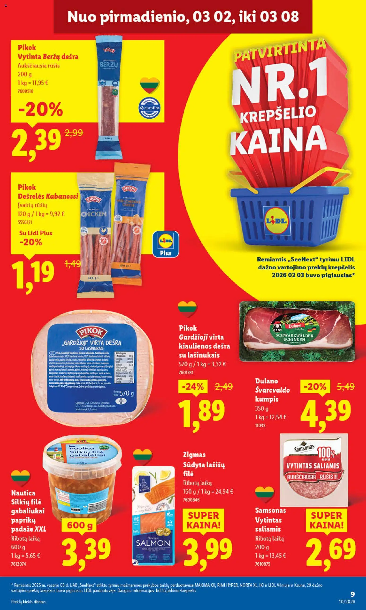 LIDL akcijos nuo 02.03.2026 | Puslapis: 9 | Prekių: Dešrelės, Saliamis, Kumpis, Krepšelis