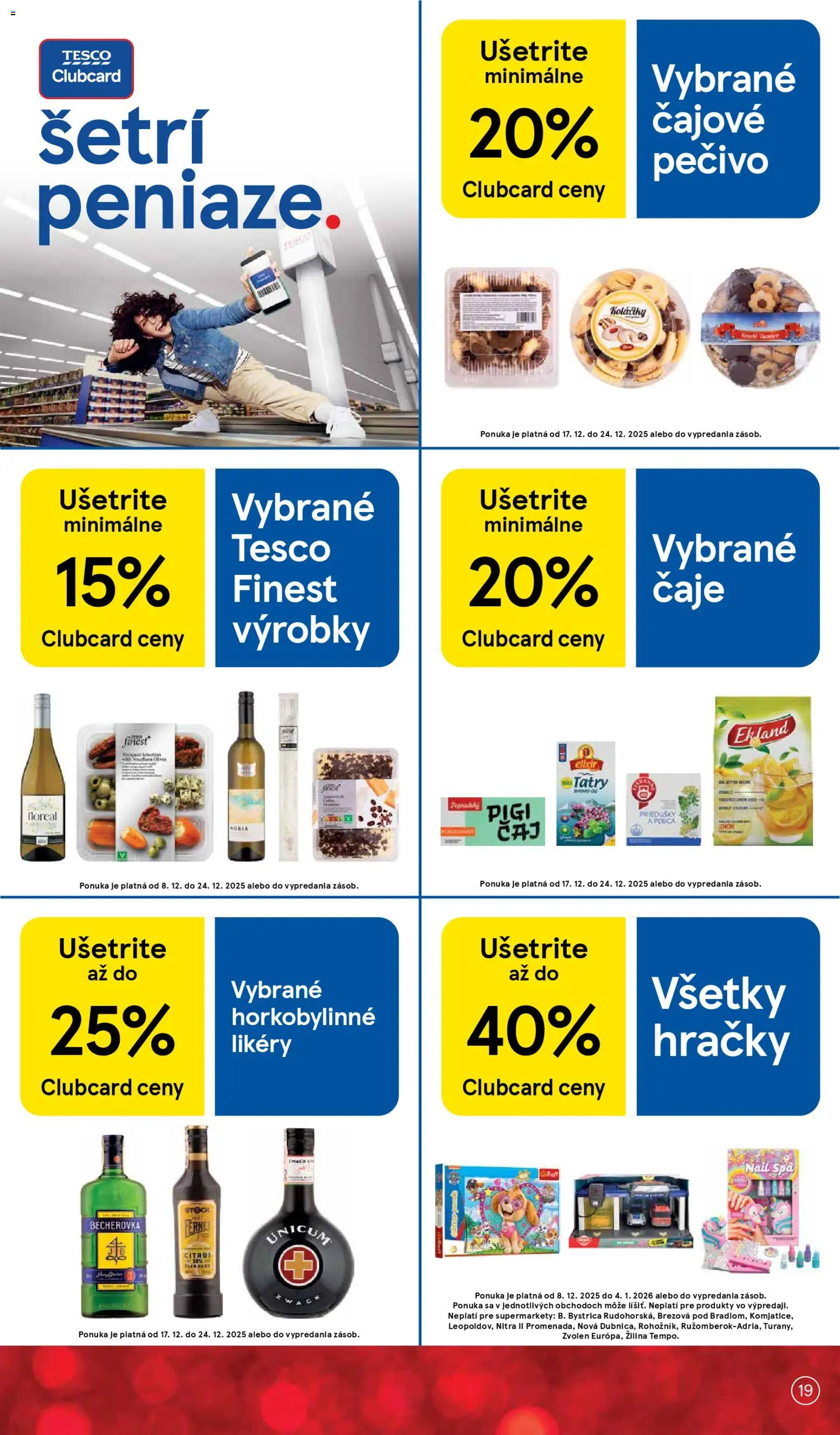 Nové Tesco akcie – leták je platný od 17.12.2025 | Strana: 19 | Produkty: Becherovka, Čaj, Fernet, Hračky