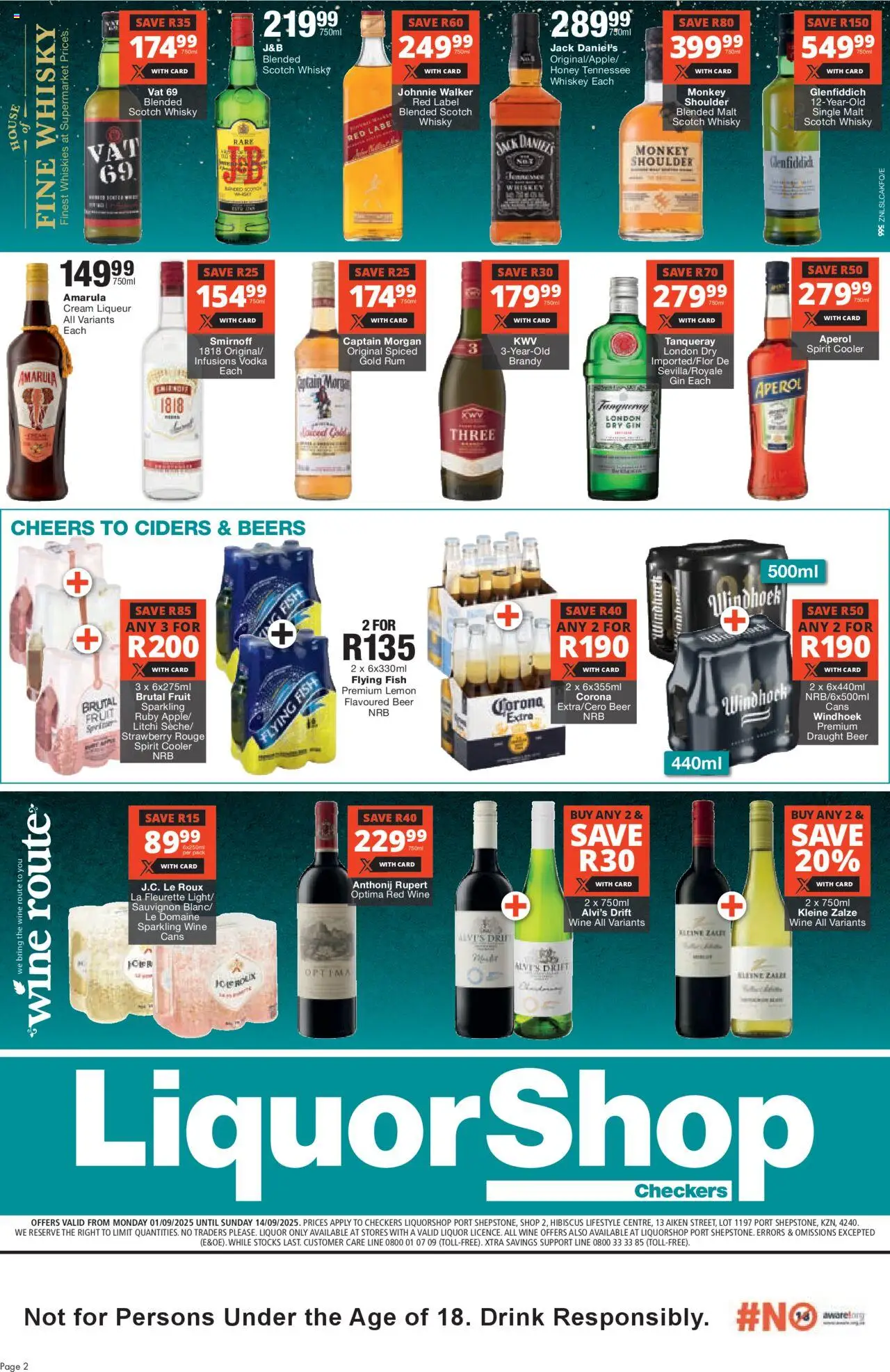 New Checkers catalogue – valid from 01.09.2025 | Page: 2 | Products: Cooler, Beer, Whiskey, Lemon