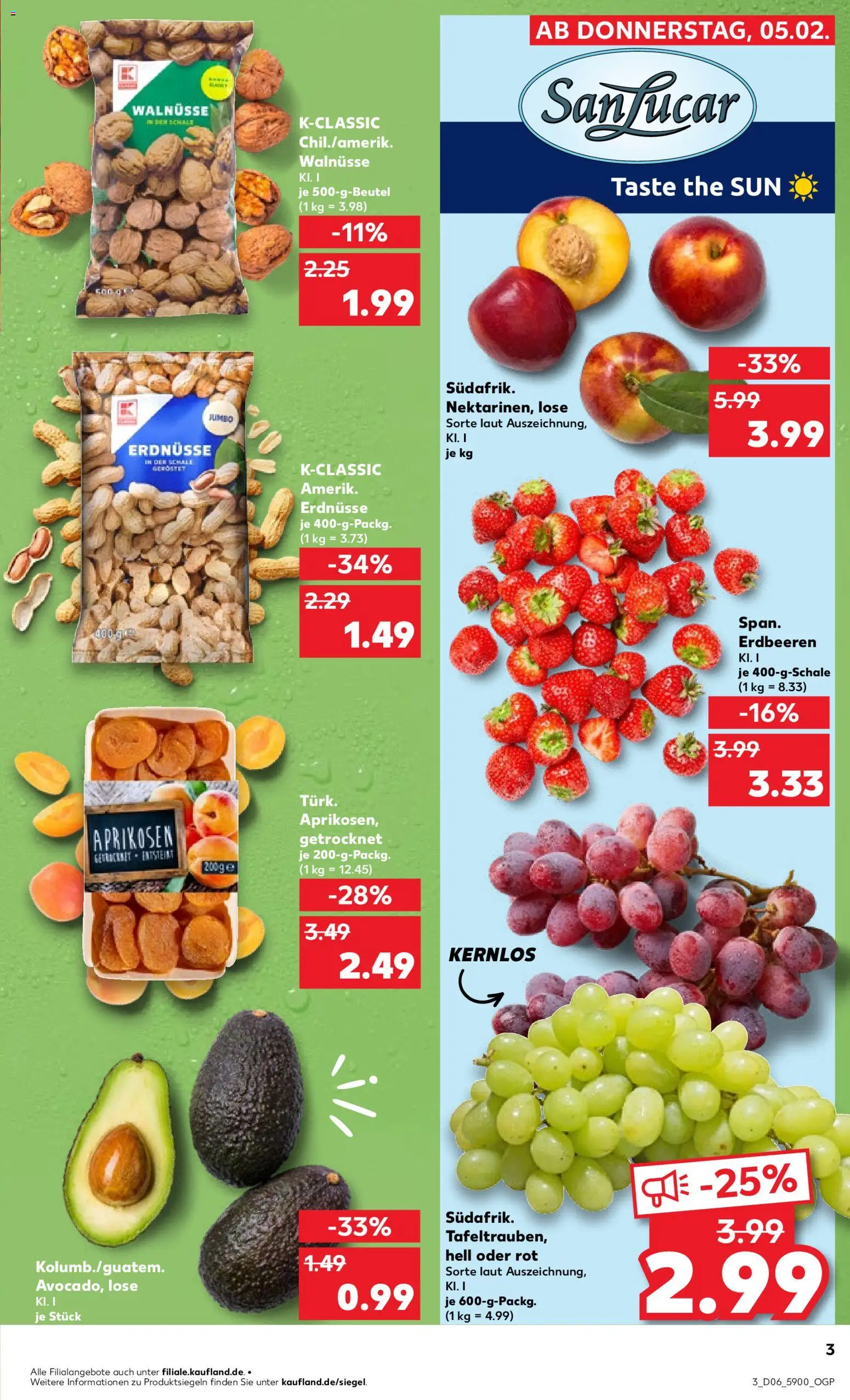 Kaufland prospekt Berlin	 – gültig ab 05.02.2026 | Seite: 3 | Produkte: Erdnüsse, Walnüsse, Avocado, Erdbeeren
