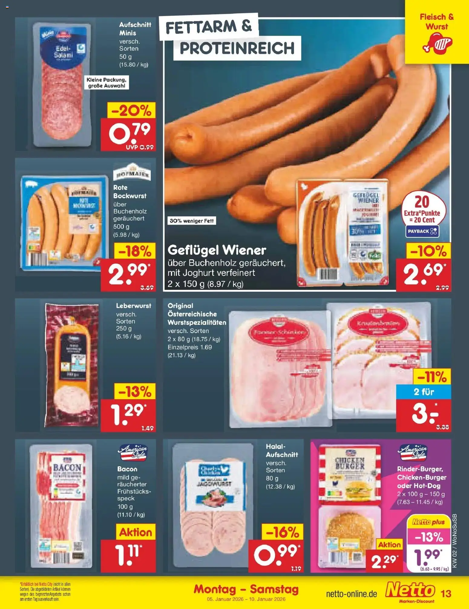 Netto Marken-Discount prospekt Rodgau	 – gültig ab 05.01.2026 | Seite: 13 | Produkte: Joghurt, Burger, Wurst, Fleisch