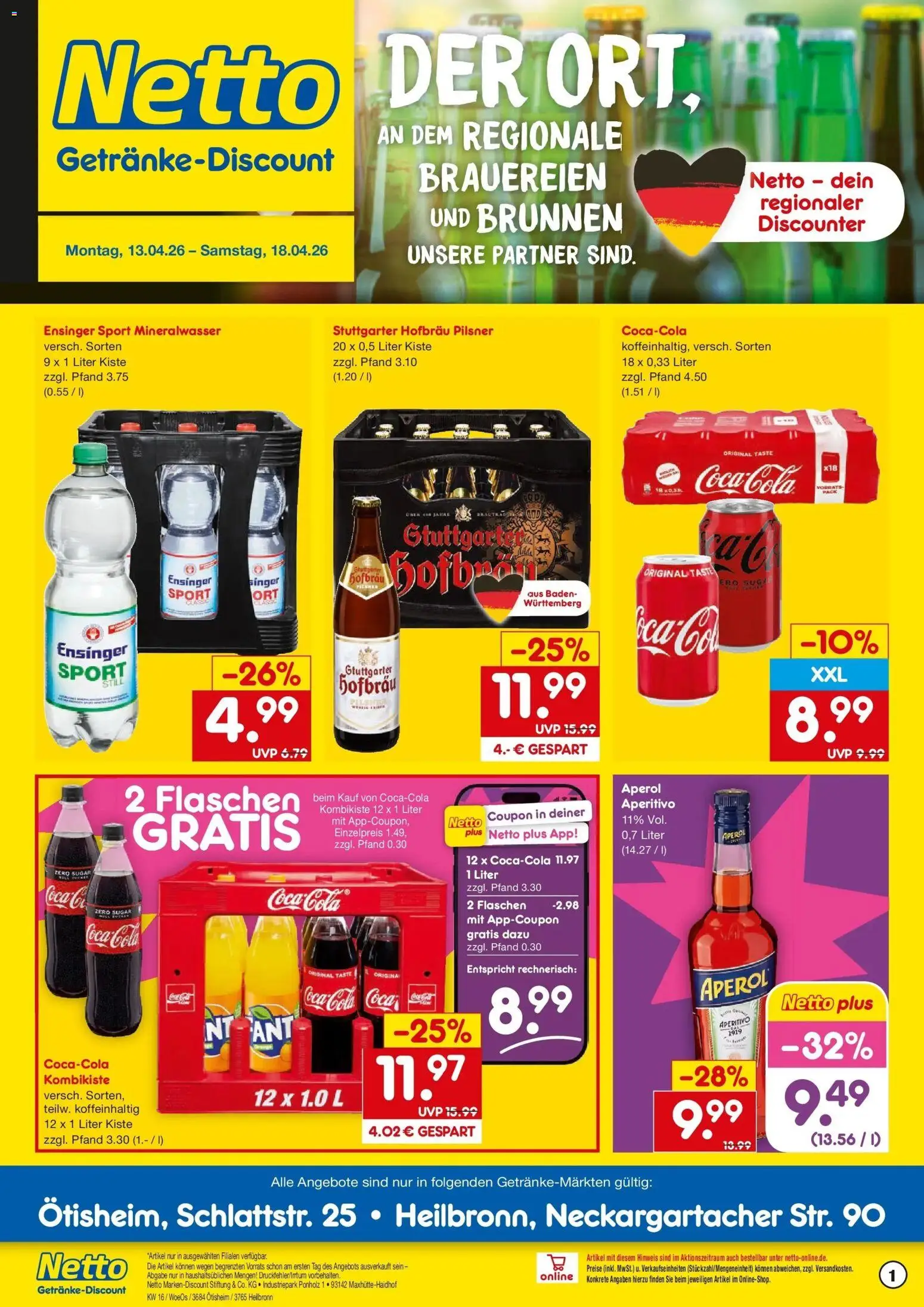Netto Marken-Discount Prospekt Heilbronn	 – gültig ab 13.04.2026 | Seite: 1 | Produkte: Coca cola, Cola, Mineralwasser, Aperol