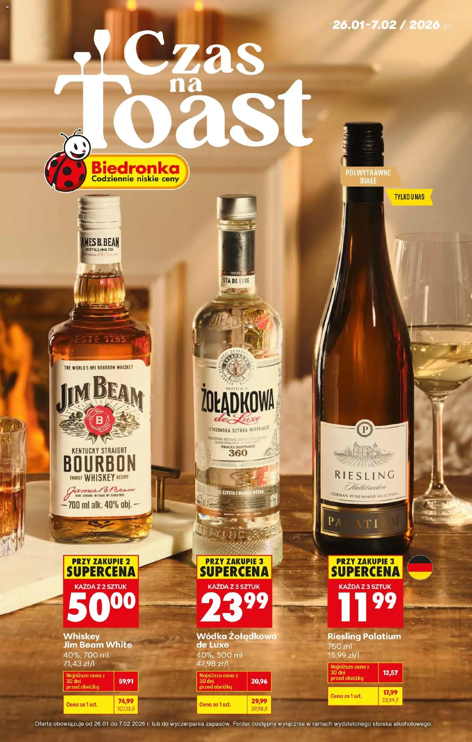 Biedronka gazetka - Czas na toast od 26.01.2026 | Strona: 1 | Produkty: Riesling, Bourbon, Jim Beam, Wódka