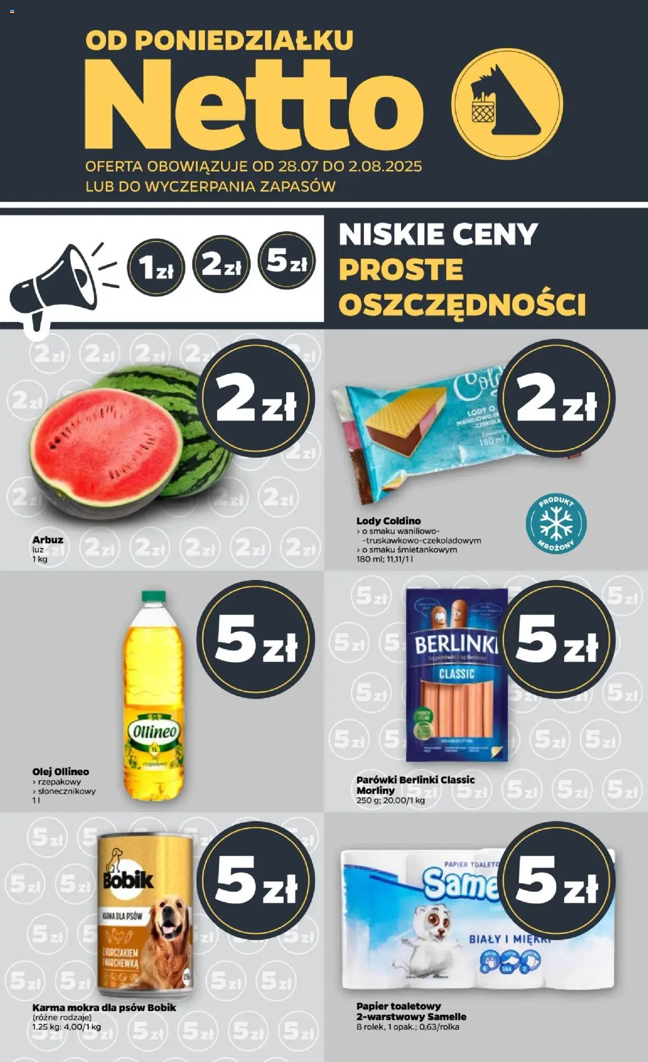 Netto gazetka - Spożywcza od 28.07.2025 | Strona: 1 | Produkty: Parówki, Olej, Marchewka, Karma dla psów