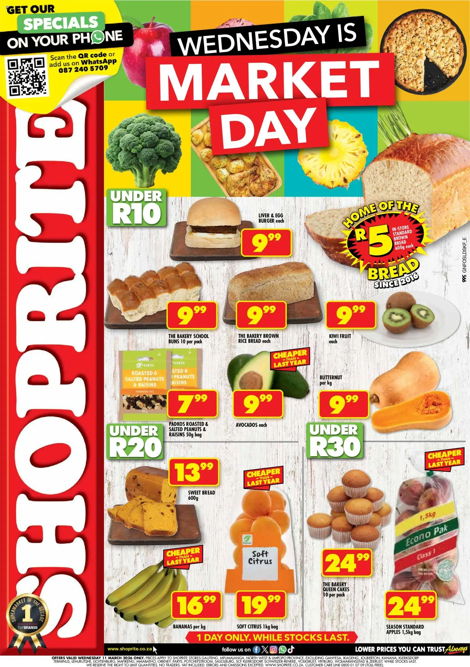 New Shoprite catalogue – valid from 11.03.2026 | Page: 1 | Products: Buns, Bananas, Avocados, Fruit