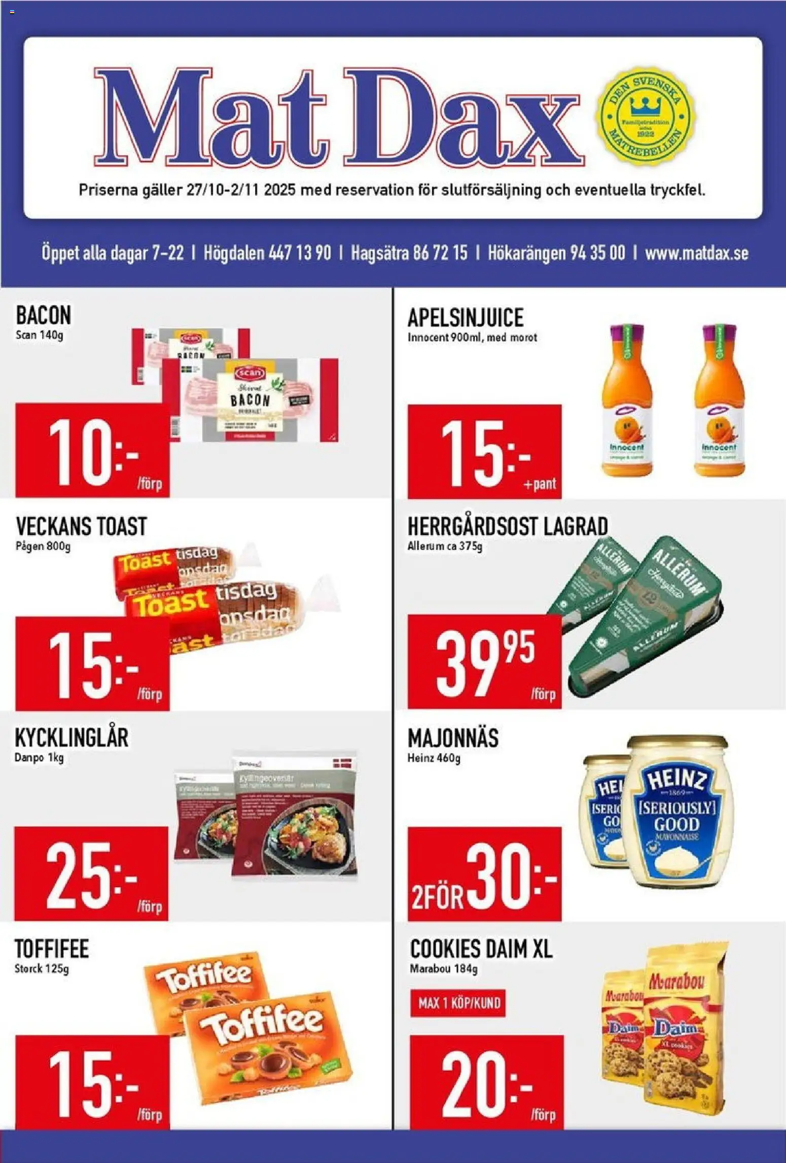 Matdax reklamblad aktuell från 27.10.2025 | Sida: 1 | Produkter: Bacon, Galler, Majonnäs, Morot