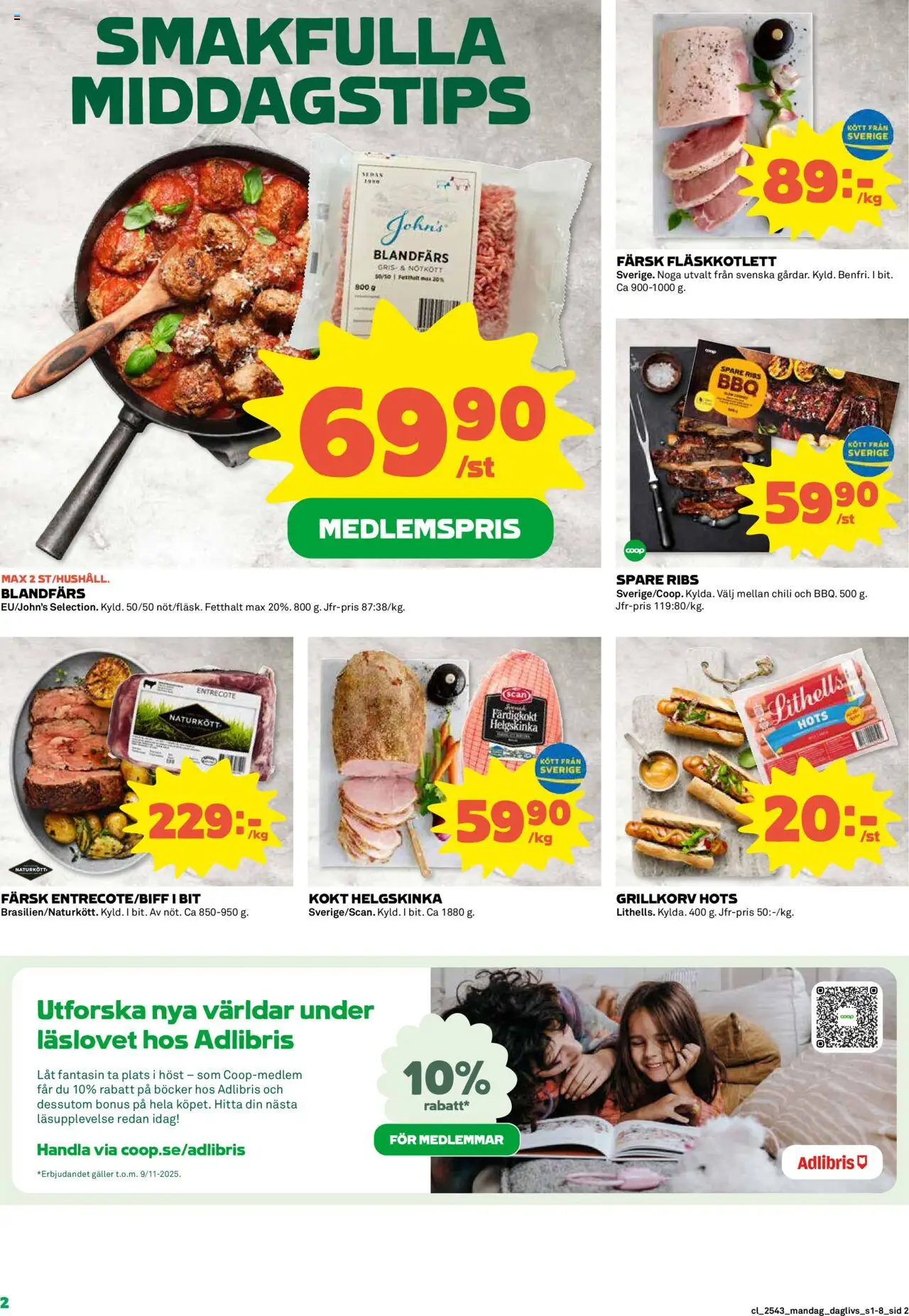 Coop Daglivs reklamblad aktuell från 20.10.2025 | Sida: 2 | Produkter: Entrecote, Grillkorv, Chili, Nötkött