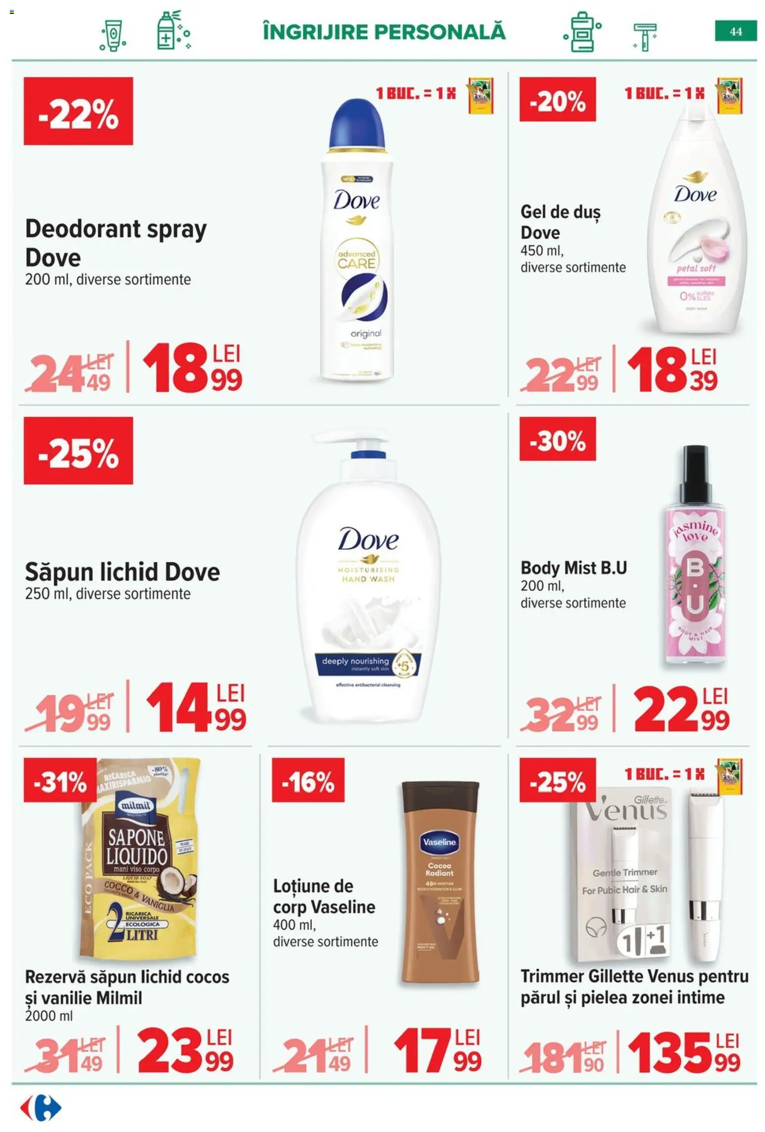 Noul catalog Carrefour – valabil de la 29.04.2026 | Pagină: 45 | Produse: Duș, Gel de duș, Deodorant, Rezervă săpun