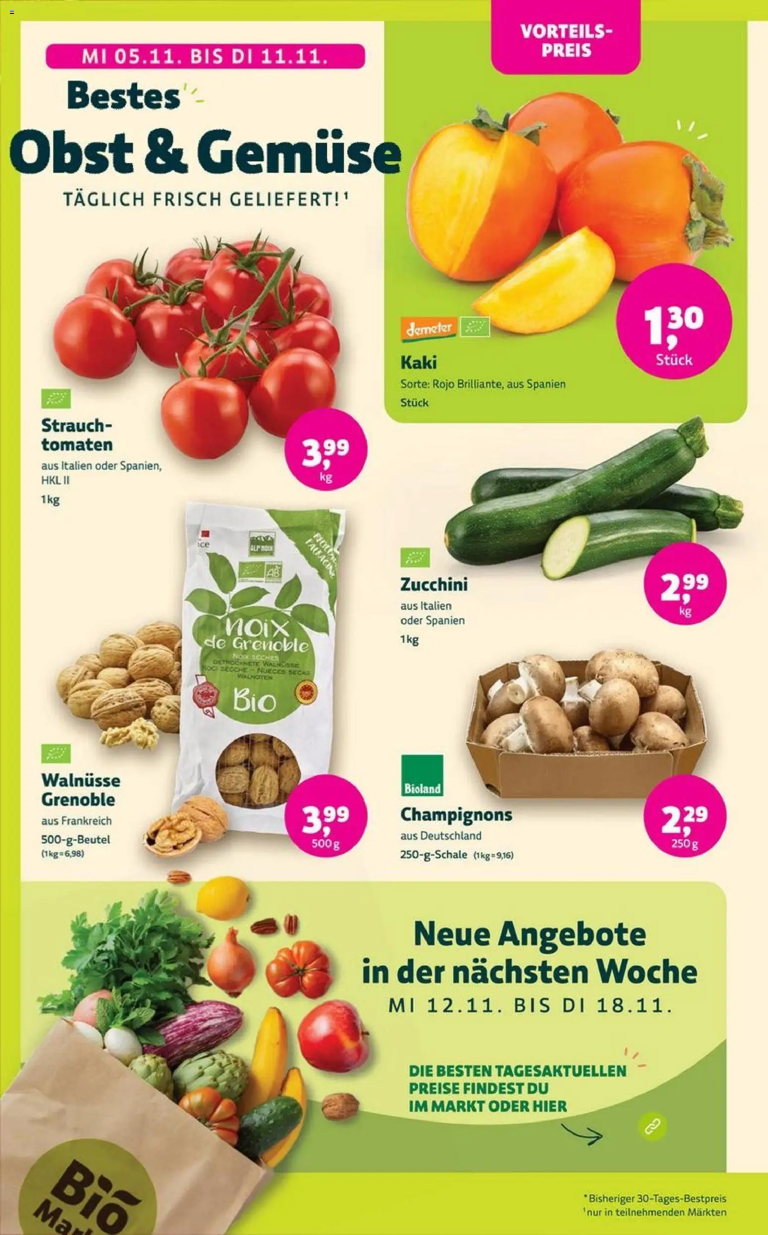 Denns BioMarkt Angebote – gültig ab 05.11.2025 | Seite: 4 | Produkte: Walnüsse, Tomaten, Champignons, Obst